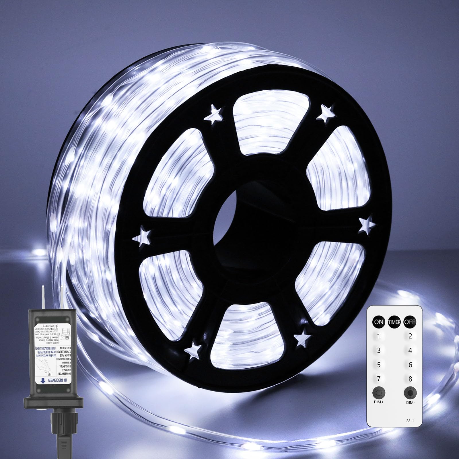 Soiarllt LED Rope Lights 100Ft Waterproof with Remote, 8 Modes, Cool White, Model SLSL012-1