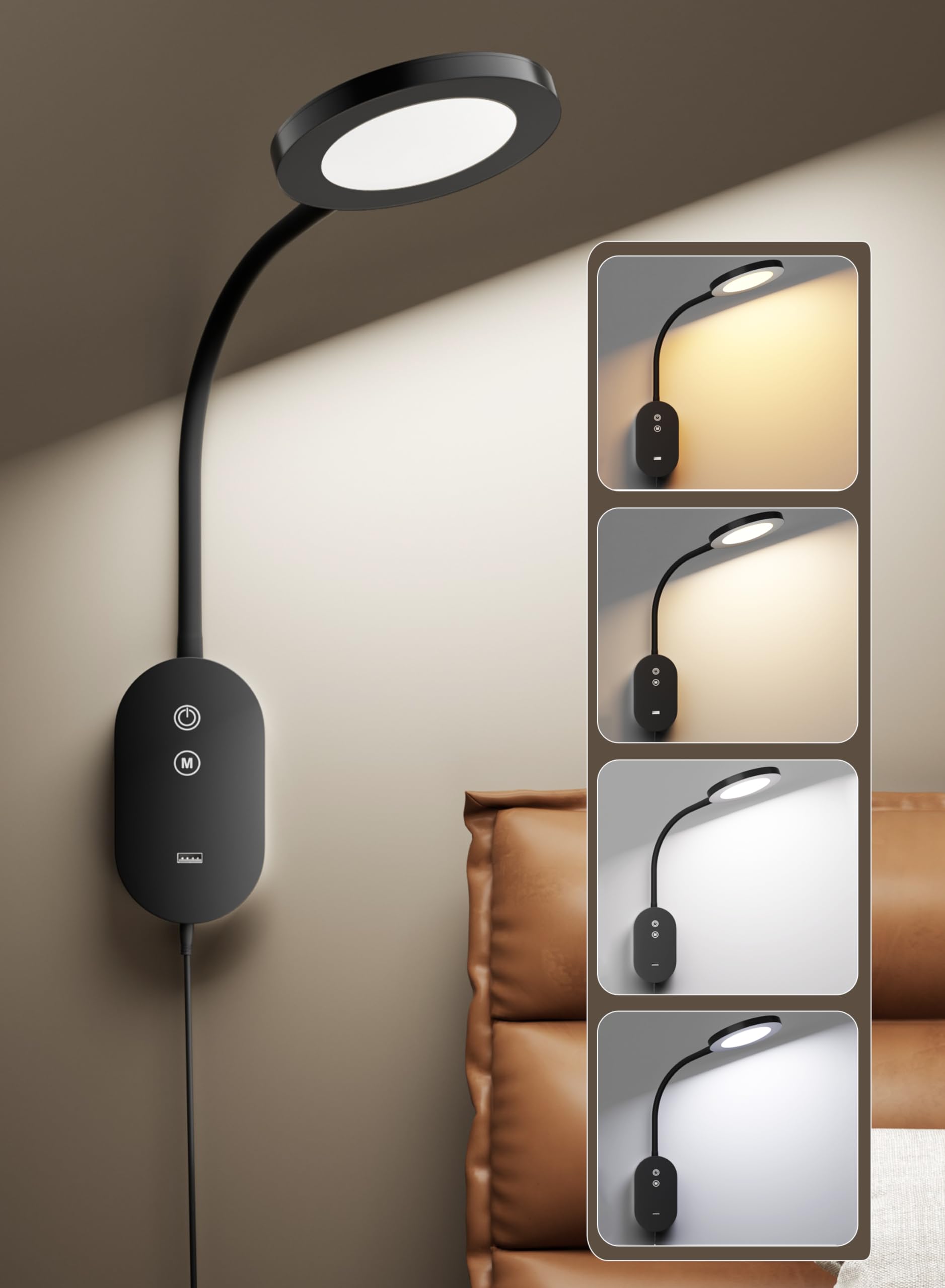 TOPMB Wall Mounted Reading Light, Book Light for Wall Bed Lamp with 10W USB Output Fast, 4 Hour Auto Off,Eye Caring Reading Lamp