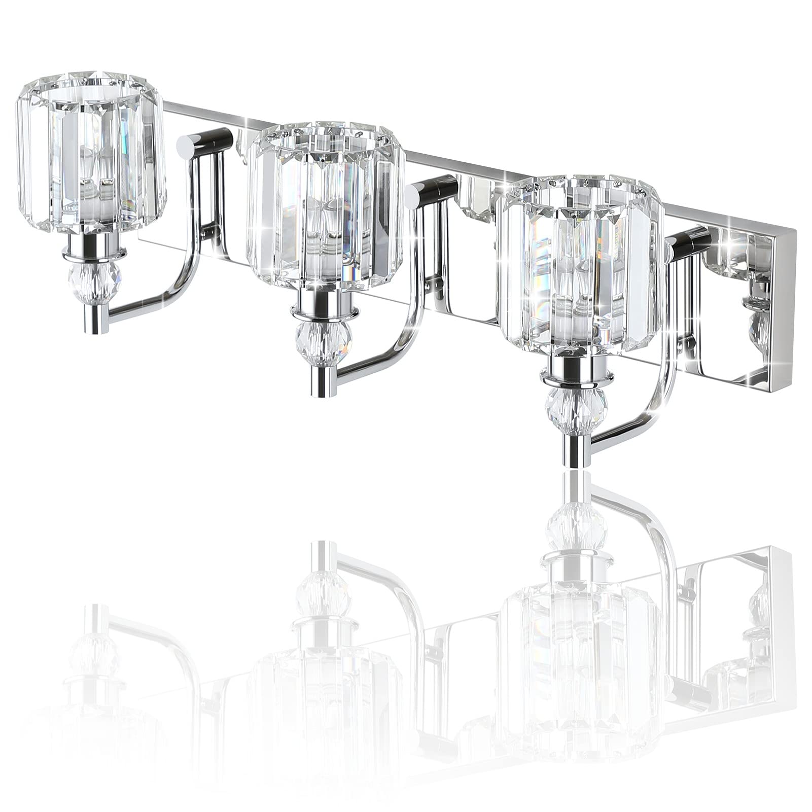 Ralbay 3-Light Crystal Vanity Light Fixtures, 24 Chrome Stainless Steel, Model 8605 For Modern Bathroom Wall Lighting