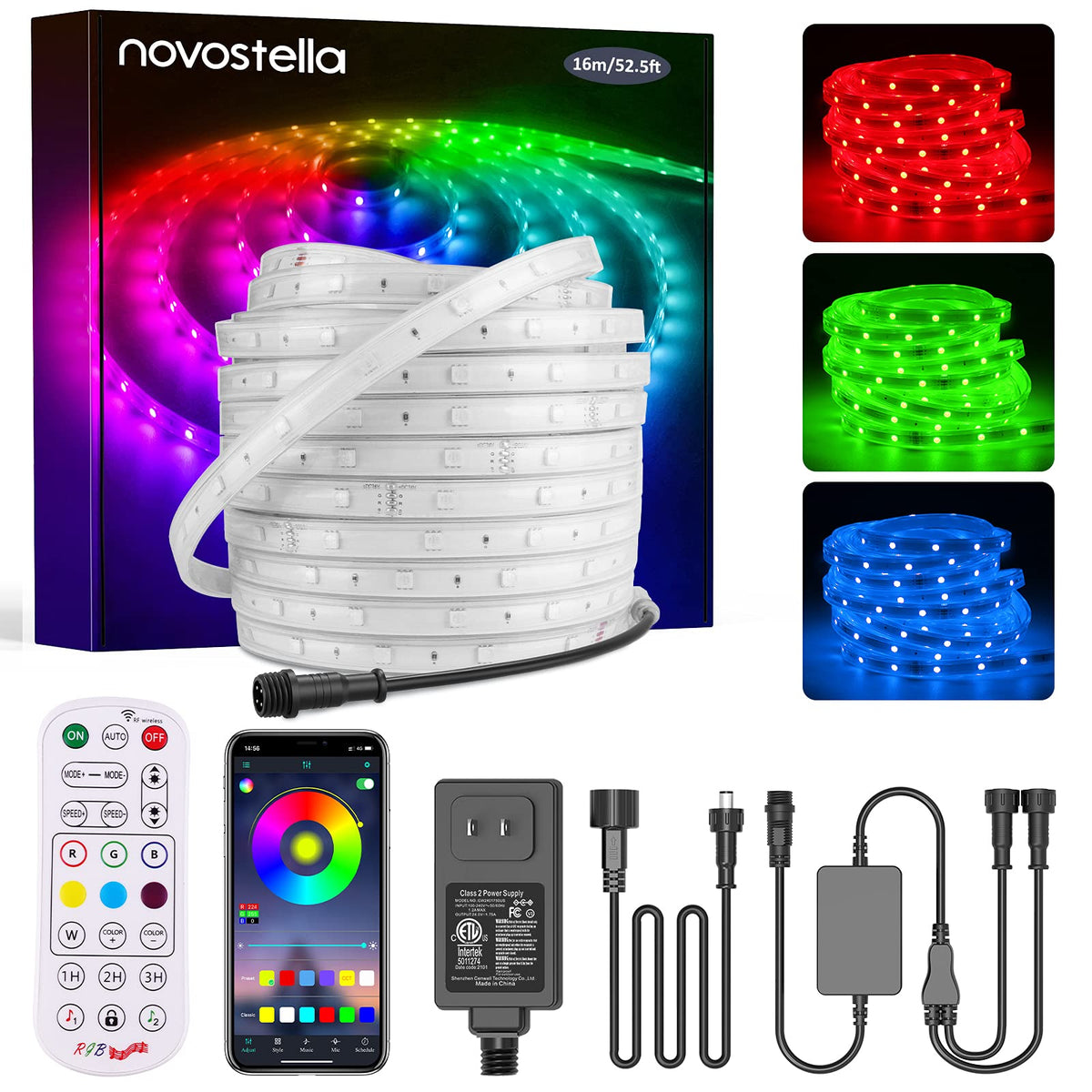 Novostella 52.5Ft Smart Led Outdoor Rope Light, Music Sync Rgb Strip Lights, App Control And Rf Remote Color Changing Dimmable T