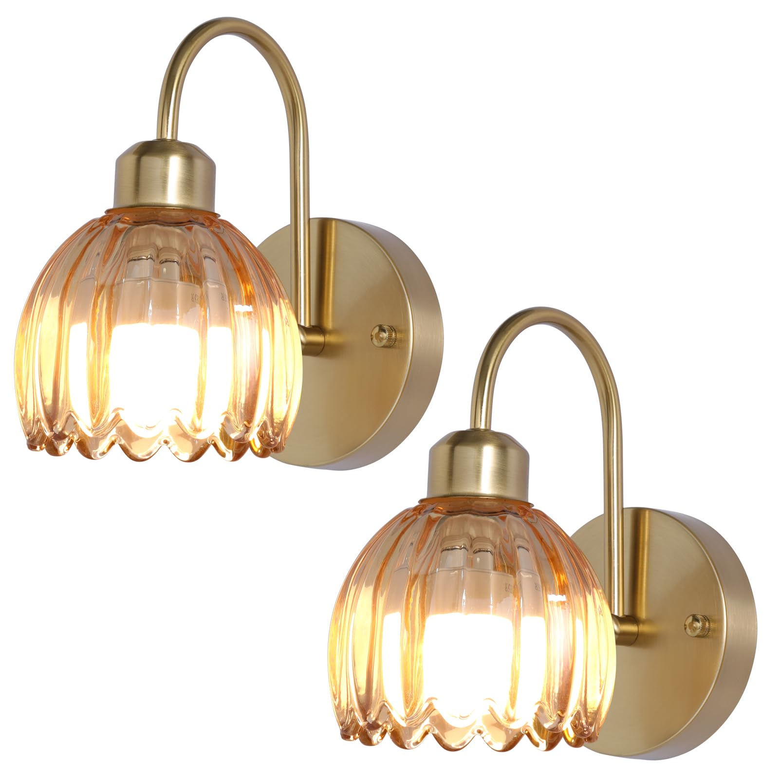 HMLUESR Vintage Battery Operated Wall Sconces Set of Two, Tulip Glass Lampshade Wireless Rechargeable Wall Lights,Gold Wall Lamp