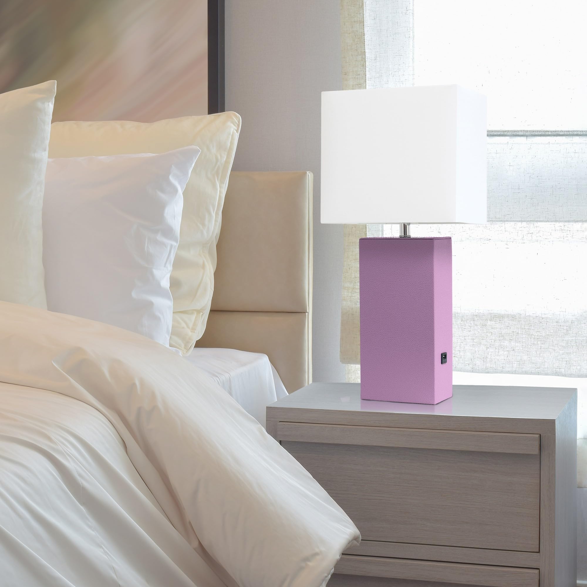 Elegant Designs Lt1053-Prp Modern Leather Usb And White Fabric Shade Table Lamp, Purple (Pack Of 1)