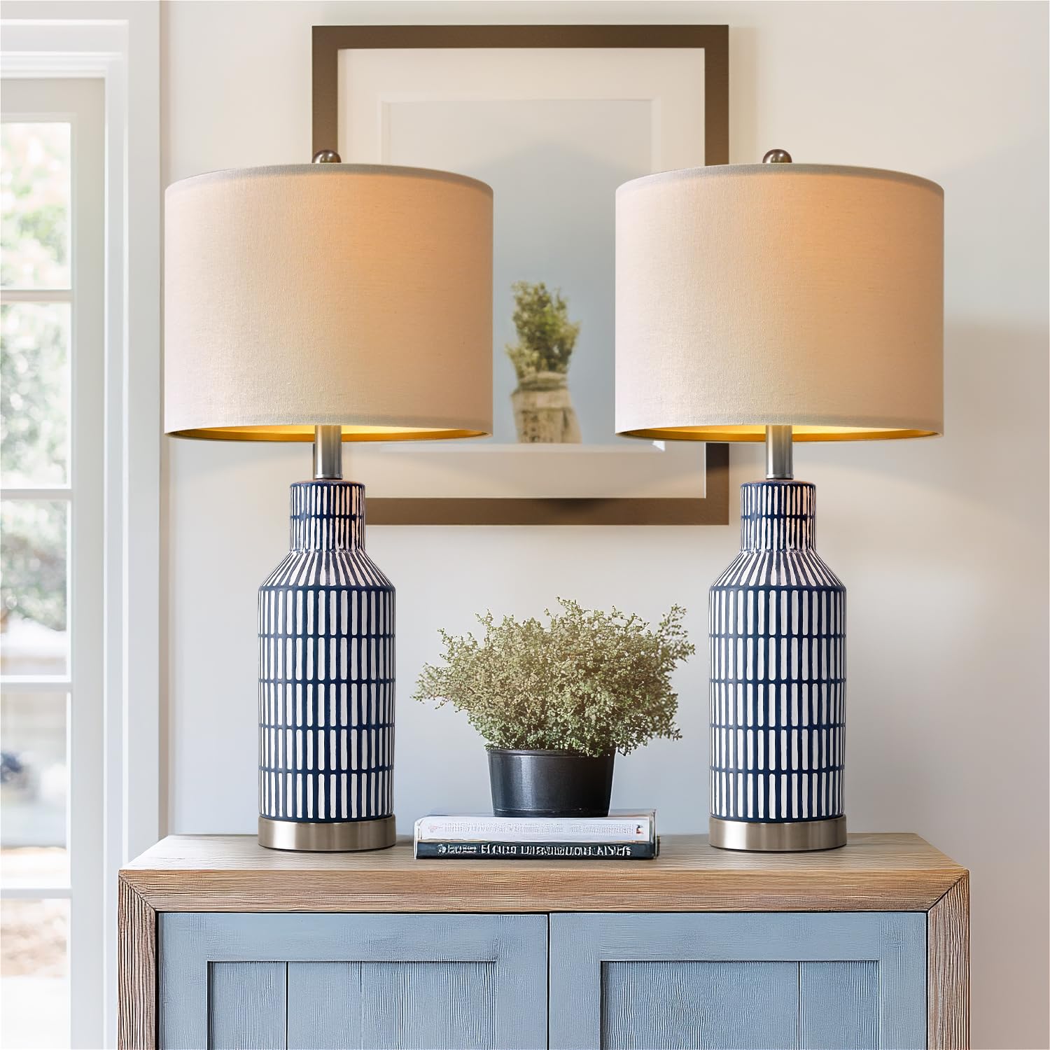 USumkky Ceramic Table Lamp, 25in Height, Blue, Modern Design for Living Room, Bedroom, Nightstand, Model AMZ-T1114BL