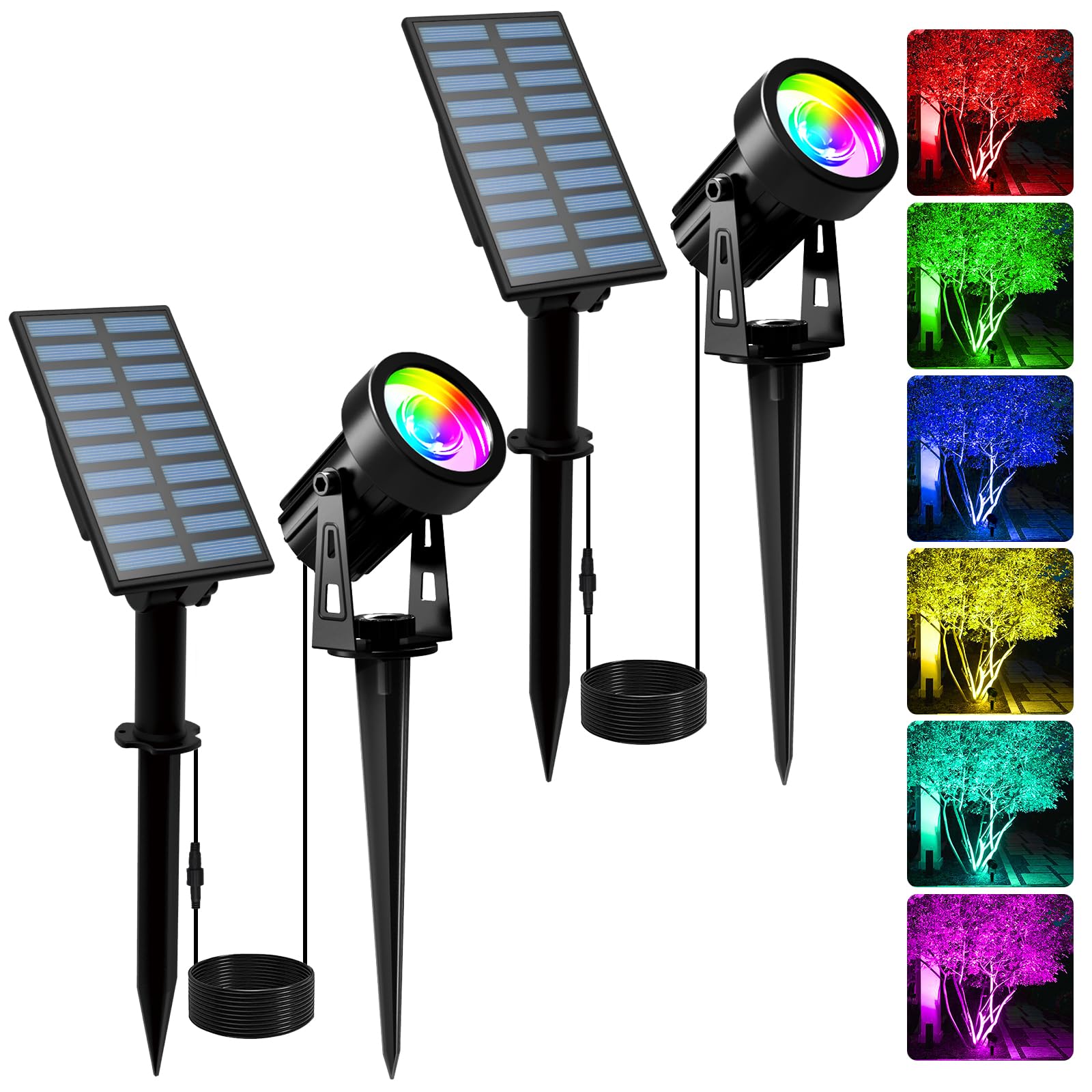 T-SUNUS Color Changing Solar Landscape Spotlights 2 Pack, IP65 Waterproof Solar Lights 9.8ft Cable, Outdoor RGB Solar Spot Light