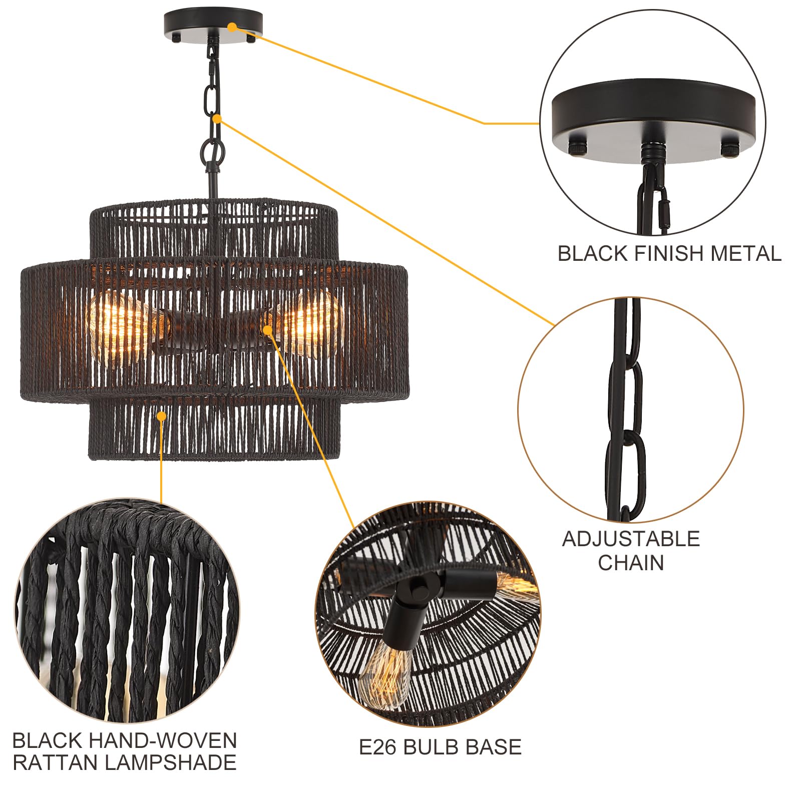 Widluth 17.7&quot; Rattan Chandelier Light Fixture Vintage 4-Lights Farmhouse Boho Hand-Woven Bamboo Chandelier Retro 3-Tier Drum Wicker Rattan Black Chandelier For Dining Room, Kitchen, Bedroom