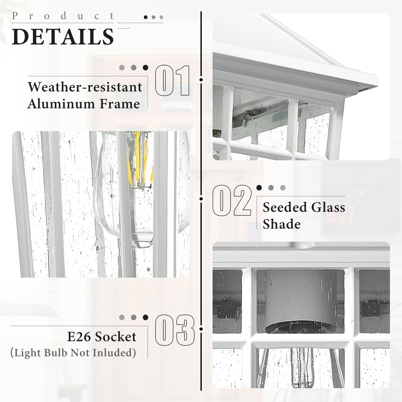 Darkaway Outdoor Wall Lights, Waterproof Sconce Fixtures, Medium-2pcs, White-Seeded Glass, Model 6X24B-2PK WH