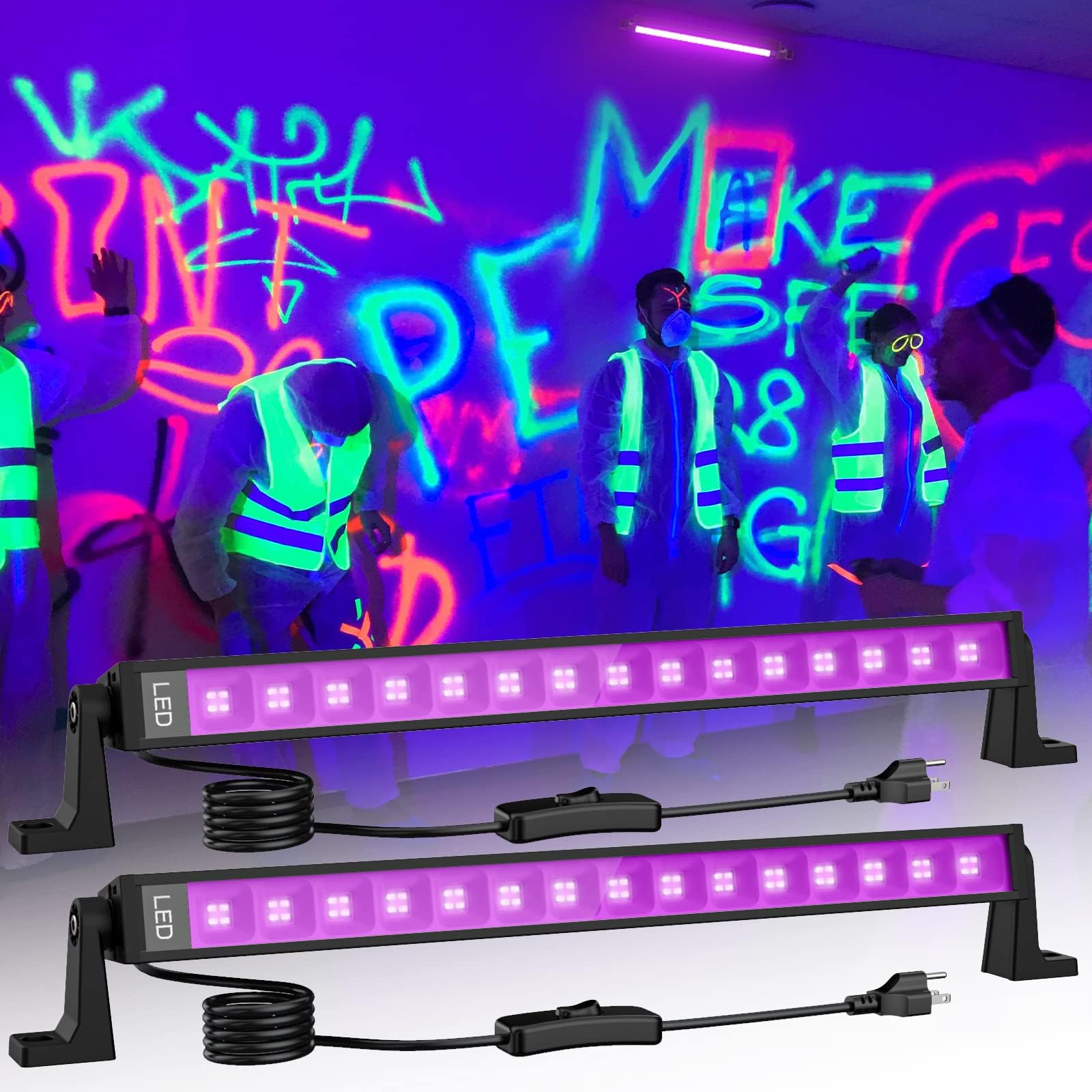 42W Led Black Light Bar, 36 Leds Blacklight Flood Light With Plug And Switch, Light Up 24X24Ft Area, Glow Lights For Halloween Party, Bedroom, Stage Lighting, Fluorescent Poster, 2 Pack