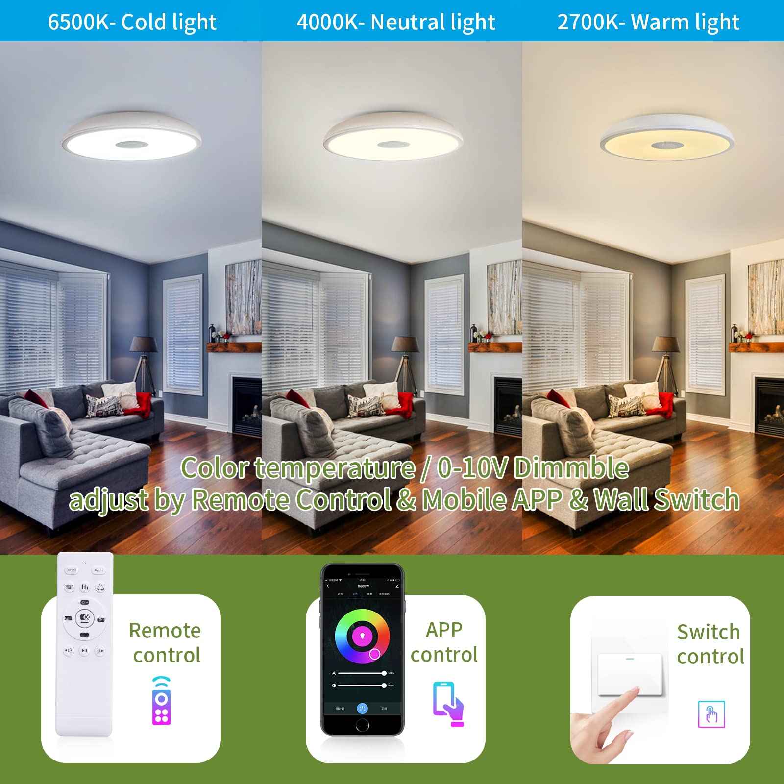 Asall Smart Waterproof Led Ceiling Light Fixture,11 Inch 18W,With Bluetooth Speaker,Rgb Color Changing Function-2700K-6500K Dimm