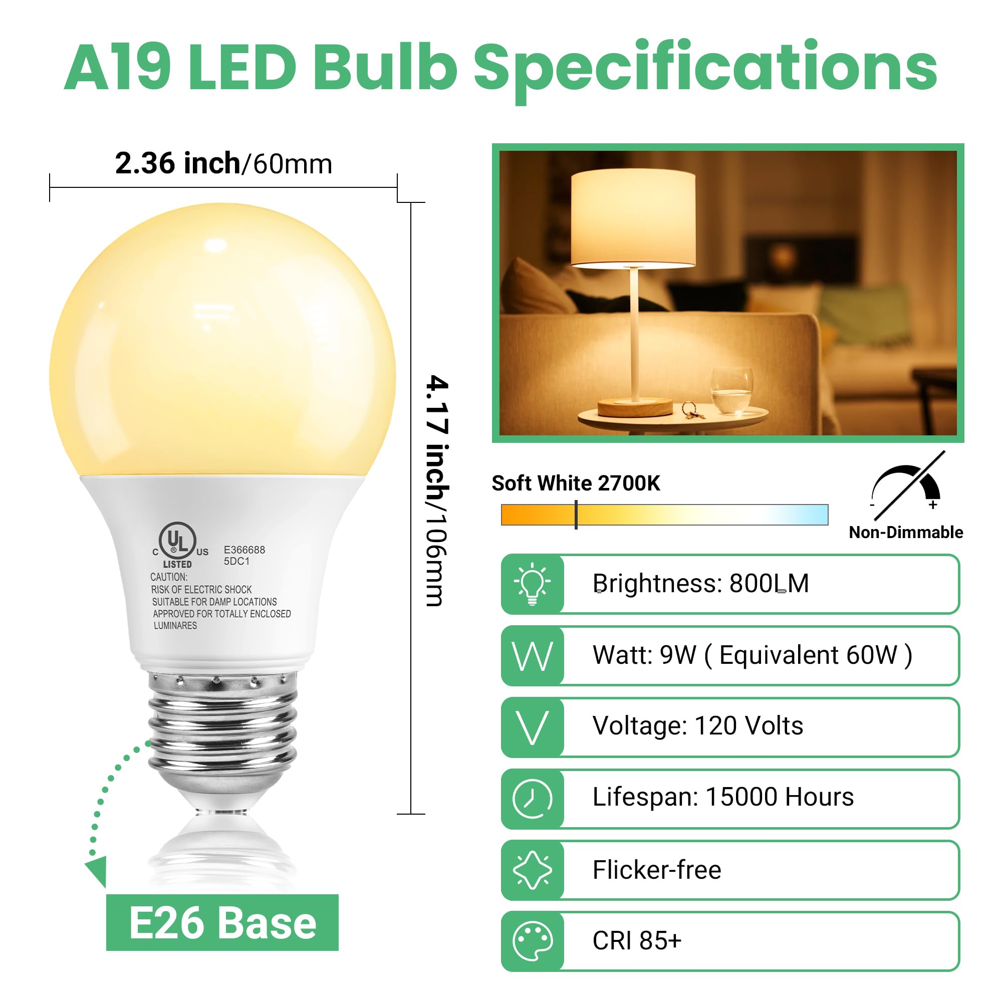 Volivo 24 Pack Led Light Bulbs, 60 Watt Equivalent A19 Led Bulb, Soft White 2700K, 9W E26 Standard Base, Ul Listed 800 Lumens 12