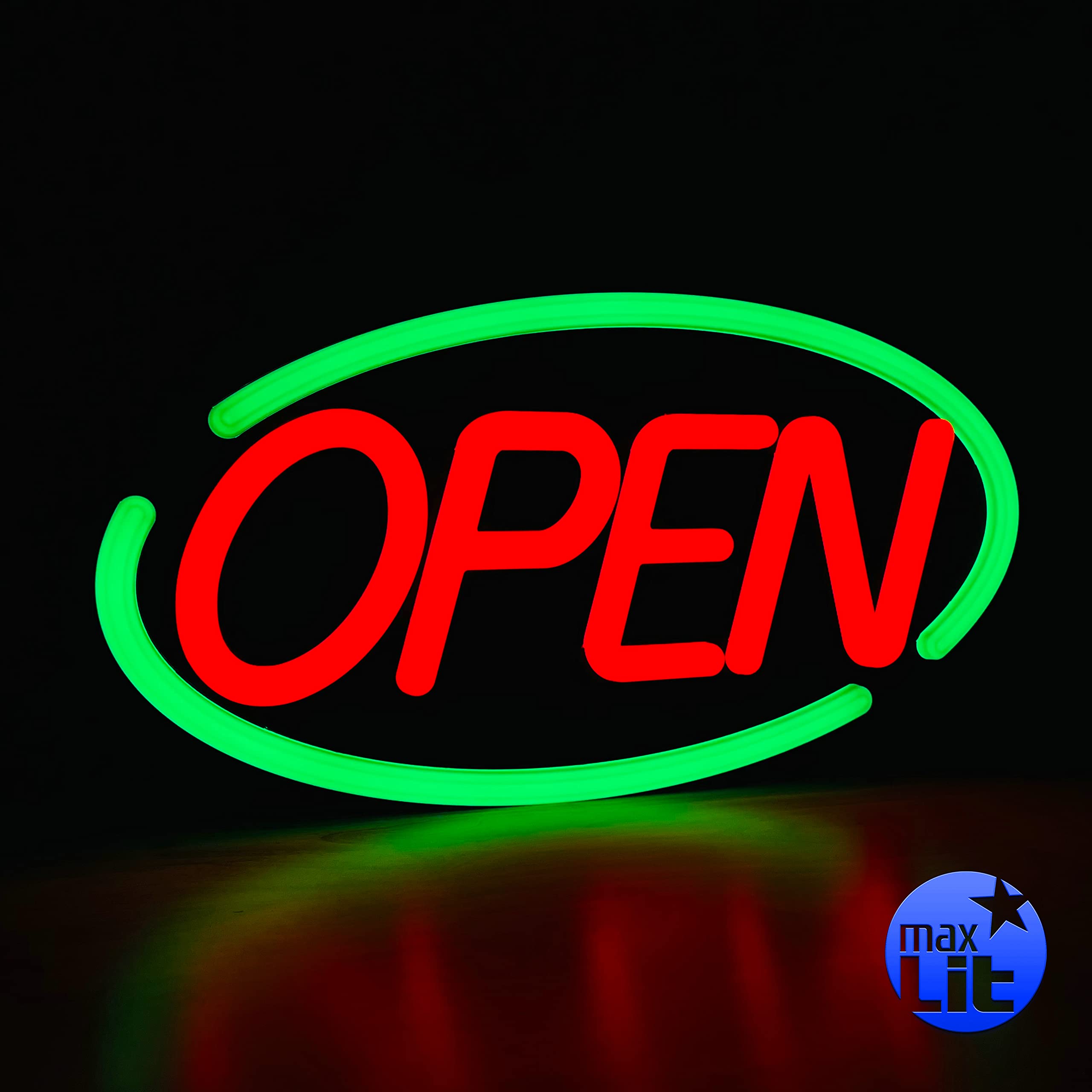 MaxLit- Oval Shaped LED Tube Neon Open Sign -Large Size -24 X 12 (Green/Red)