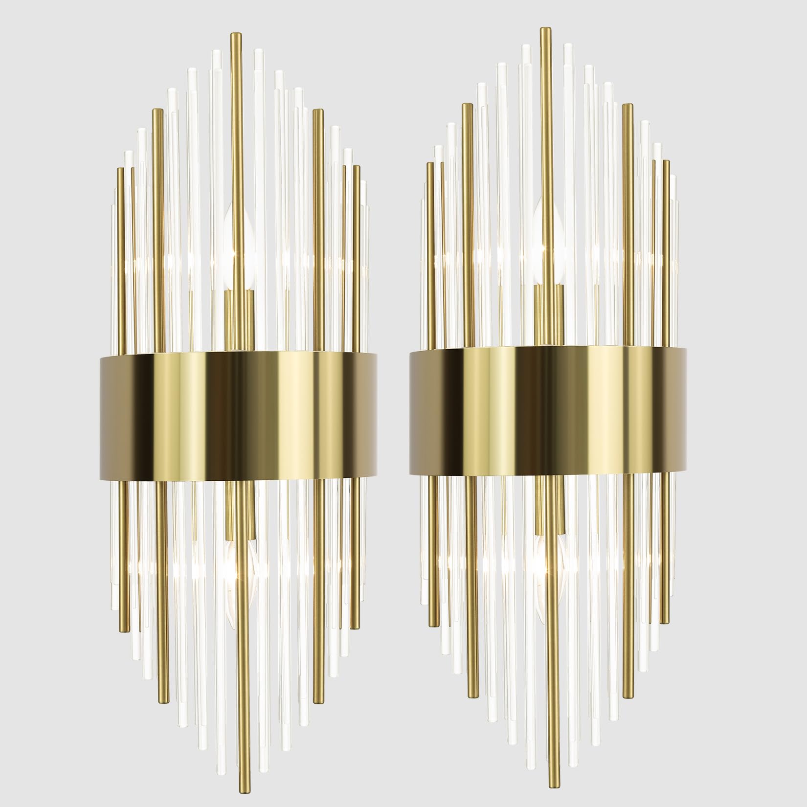 TEENYO Modern Gold Wall Sconces Set of Two Crystal Sconces Wall Lighting 2-Light Brass Glass Wall Light Fixtures for Bedroom Liv