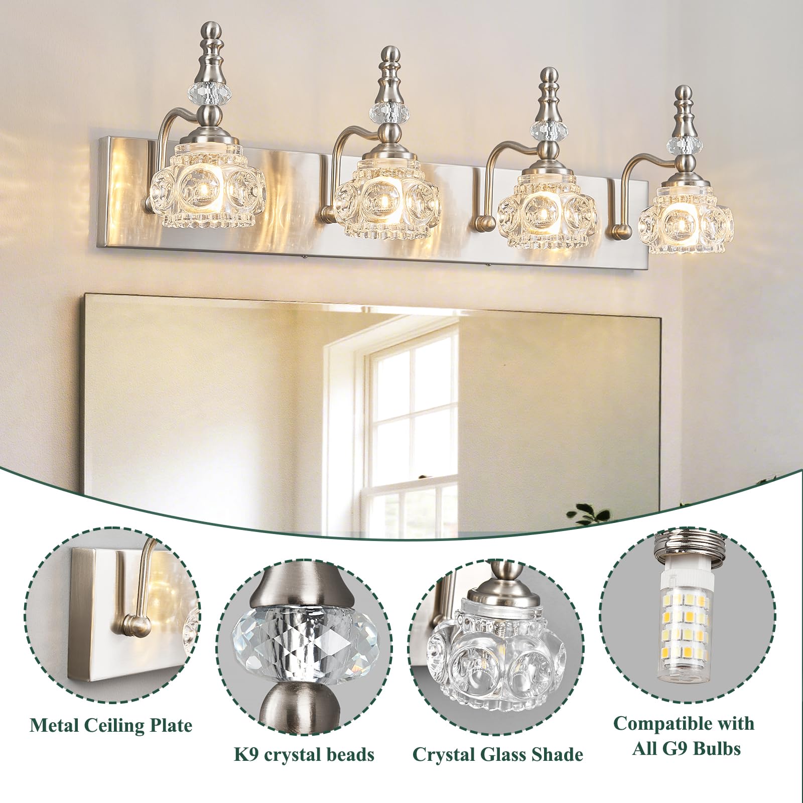 Lbsqj Modern Glass Crystal Vanity Light - Vintage Bathroom Lighting Fixtures Over Mirror  4 Light Vanity Lights G9 Bulb (27.55 Inch  Nickel)