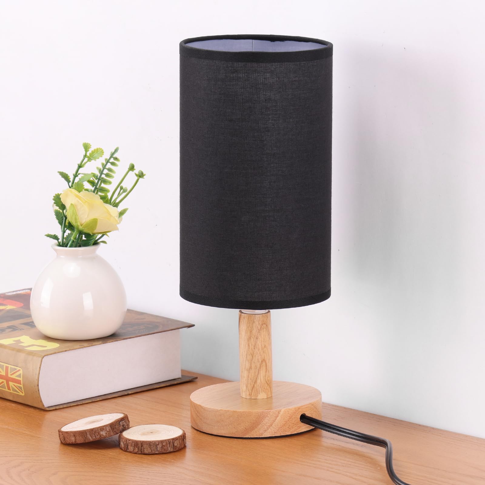 Black Small Bedside Table Lamp for Bedroom,Natural Round Wood Base&Fabric Linen Shade,Cozy Night Table Light for Study Reading,M