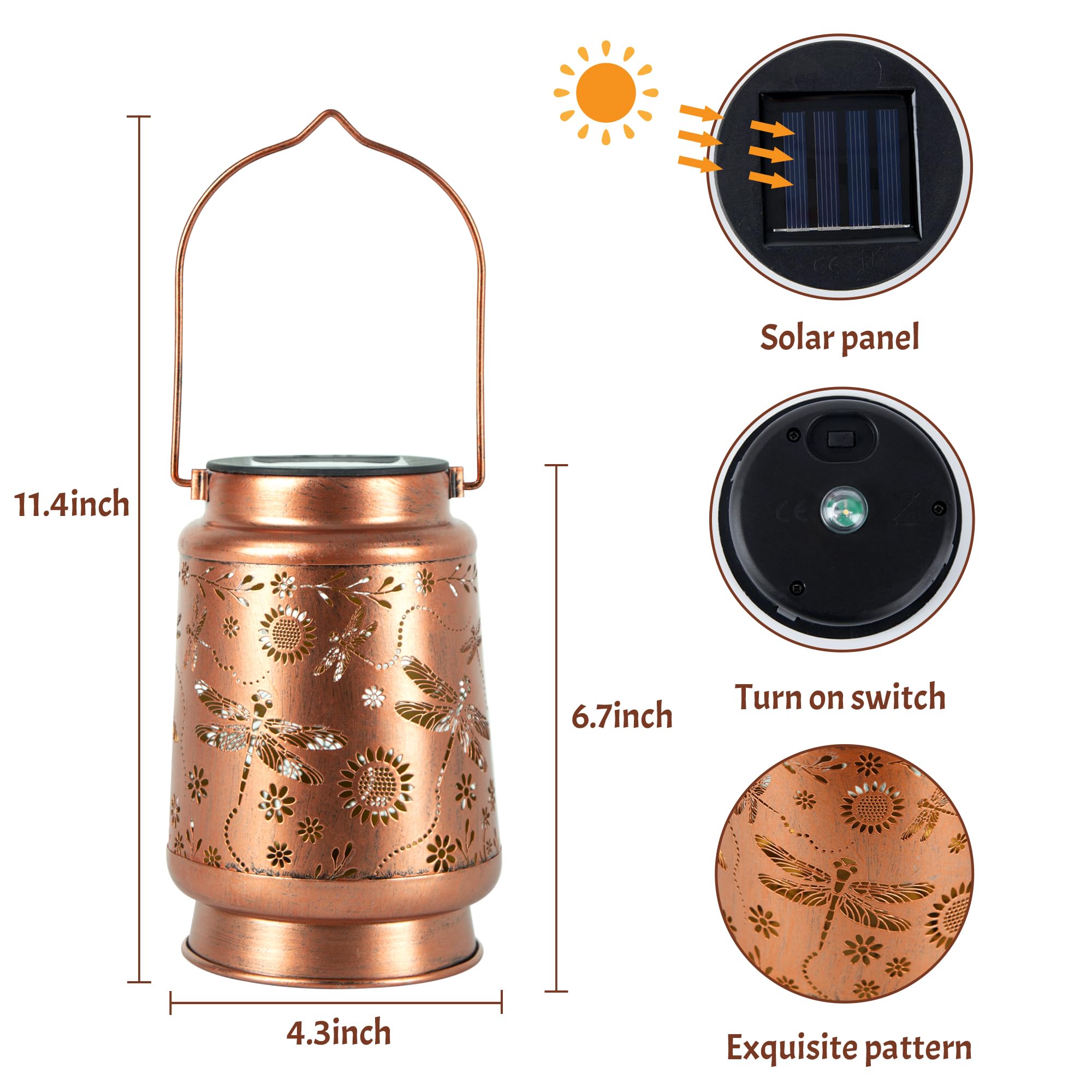 Anytalk Dragonfly Solar Lantern - Copper Outdoor Hanging Light For Garden, Patio, Porch, Gifts