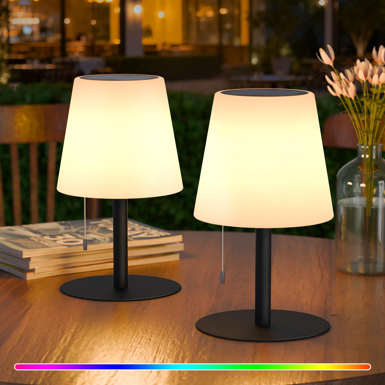 uuffoo 2 Pack Solar Lamp Outdoor Waterproof 8 Colors Rechargeable Cordless, Eye-Caring Dimmable Solar Lights LED Battery Operate