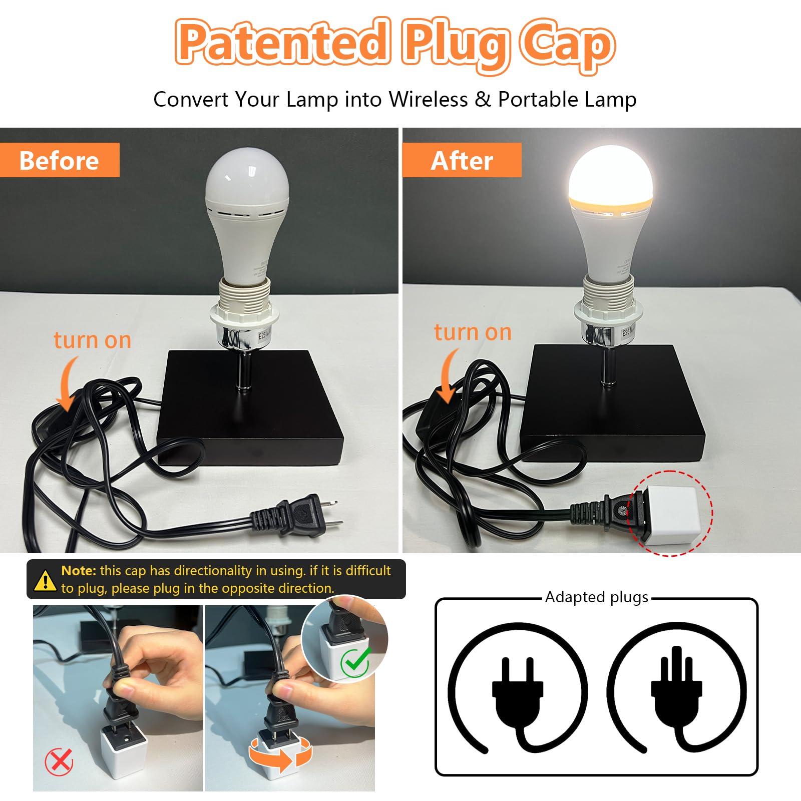 Offiy Rechargeable Light Bulbs & Plug Caps Combo, 1800Mah High-Capacity Battery, 9W,750Lm,5000K Emergency Light Bulbs For Power