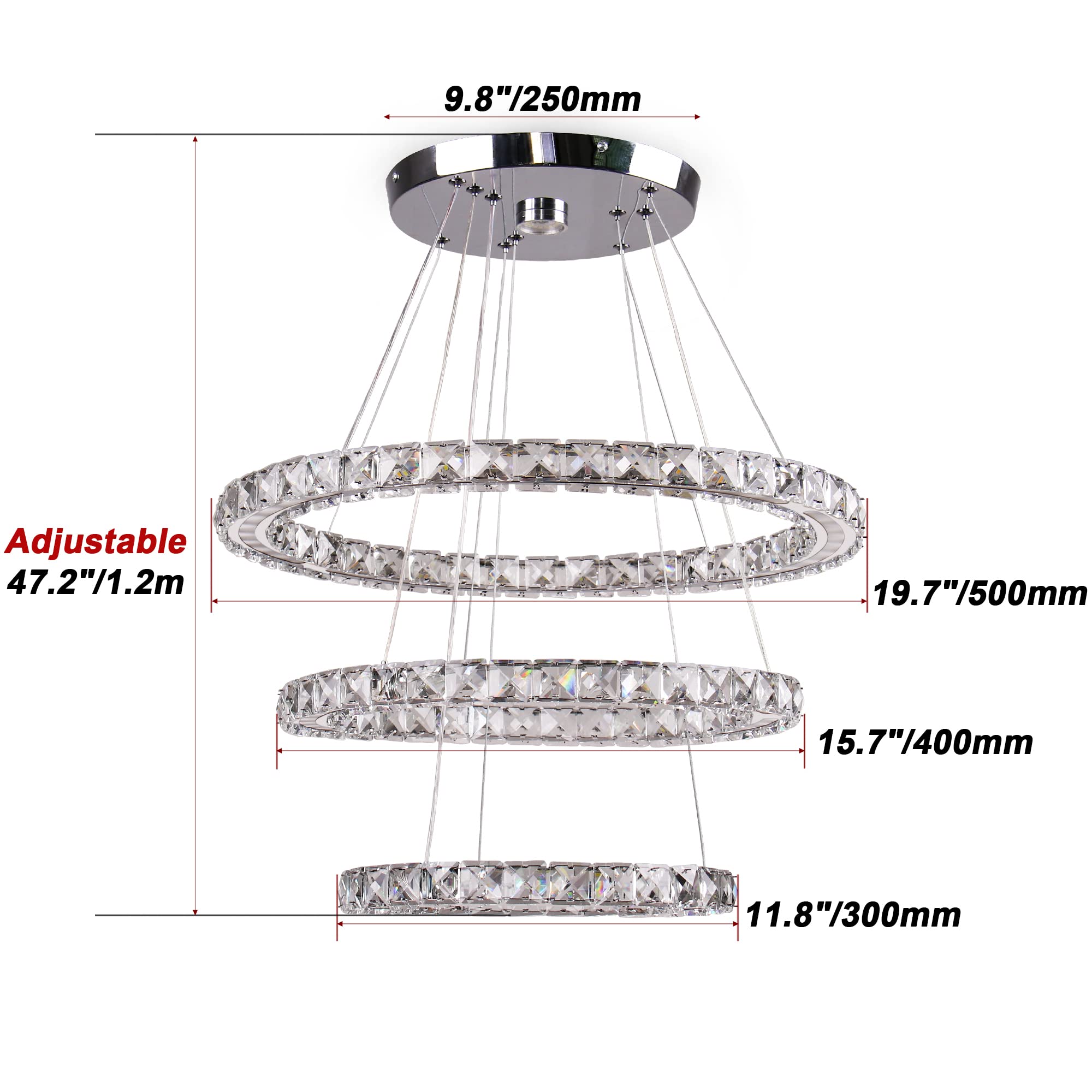 Cxgleaming Led Chandeliers Modern Ceiling Light Fixture 3 Rings Adjustable Crystal Pendant Light Fixture Ceiling Hanging For Living Room Dining Room Bedrooms Hall 250Mm Base 209 Crystals (Cool White)