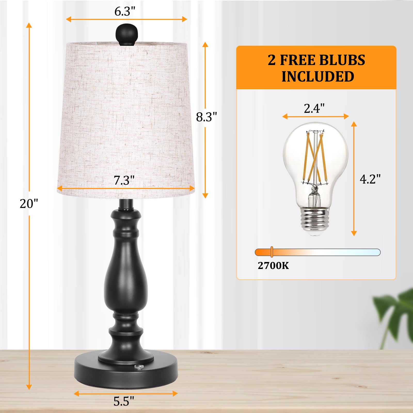 Dott Arts Cordless Table Lamps Set of 2, 3-Way Dimmable, Battery Powered, Metal, Black, Model BTL4W-017