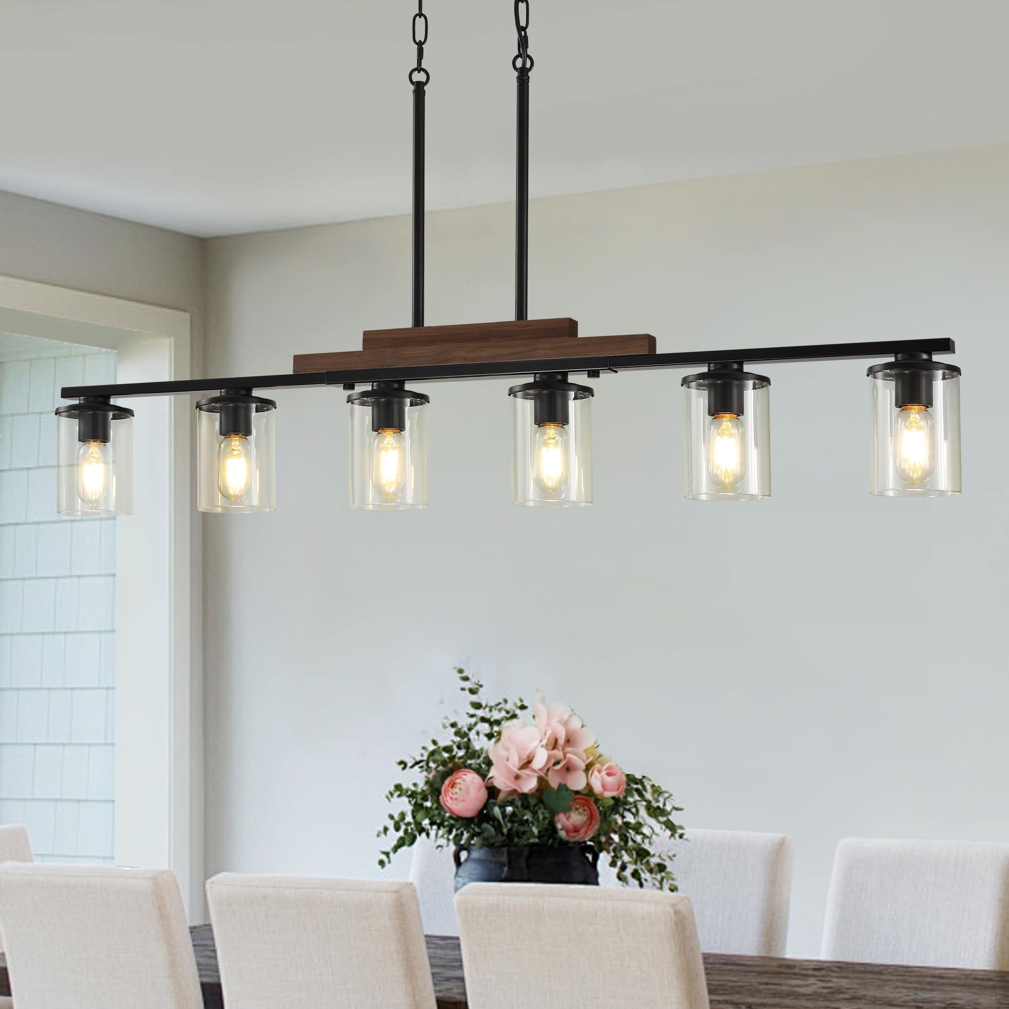 Dining Room Light Fixture Over Table  Farmhouse 6-Light Kitchen Island Lighting  Linear Black Chandelier with Clear Glass Shades  Modern Rustic Wood Pendant Kitchen Lights  with Adjustable Height