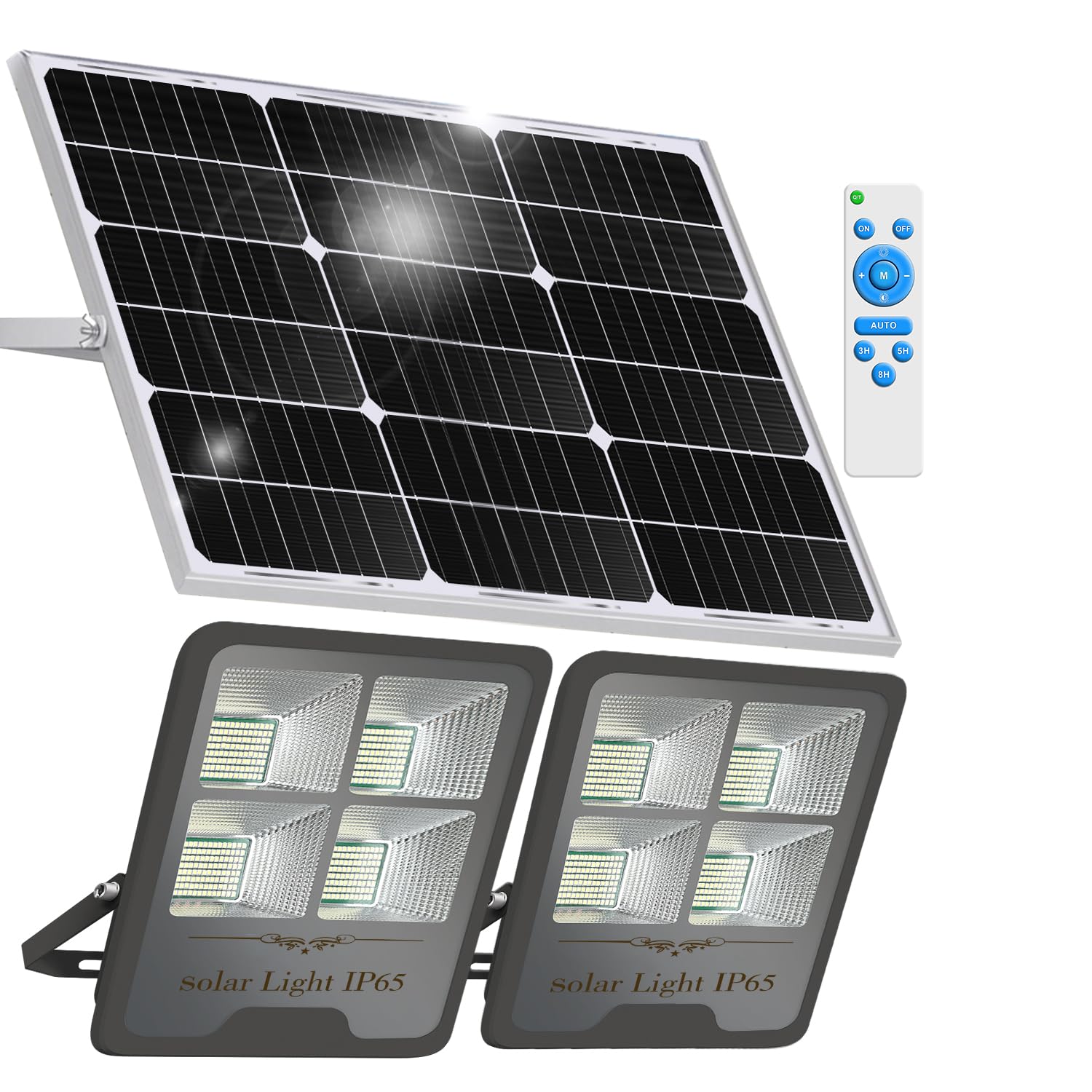 Gebosun Black 2-Pack 300W LED Solar Flood Light, Remote Controlled, Dusk to Dawn, 30,000Lumen, 6000K, IP65 Waterproof for Shed B