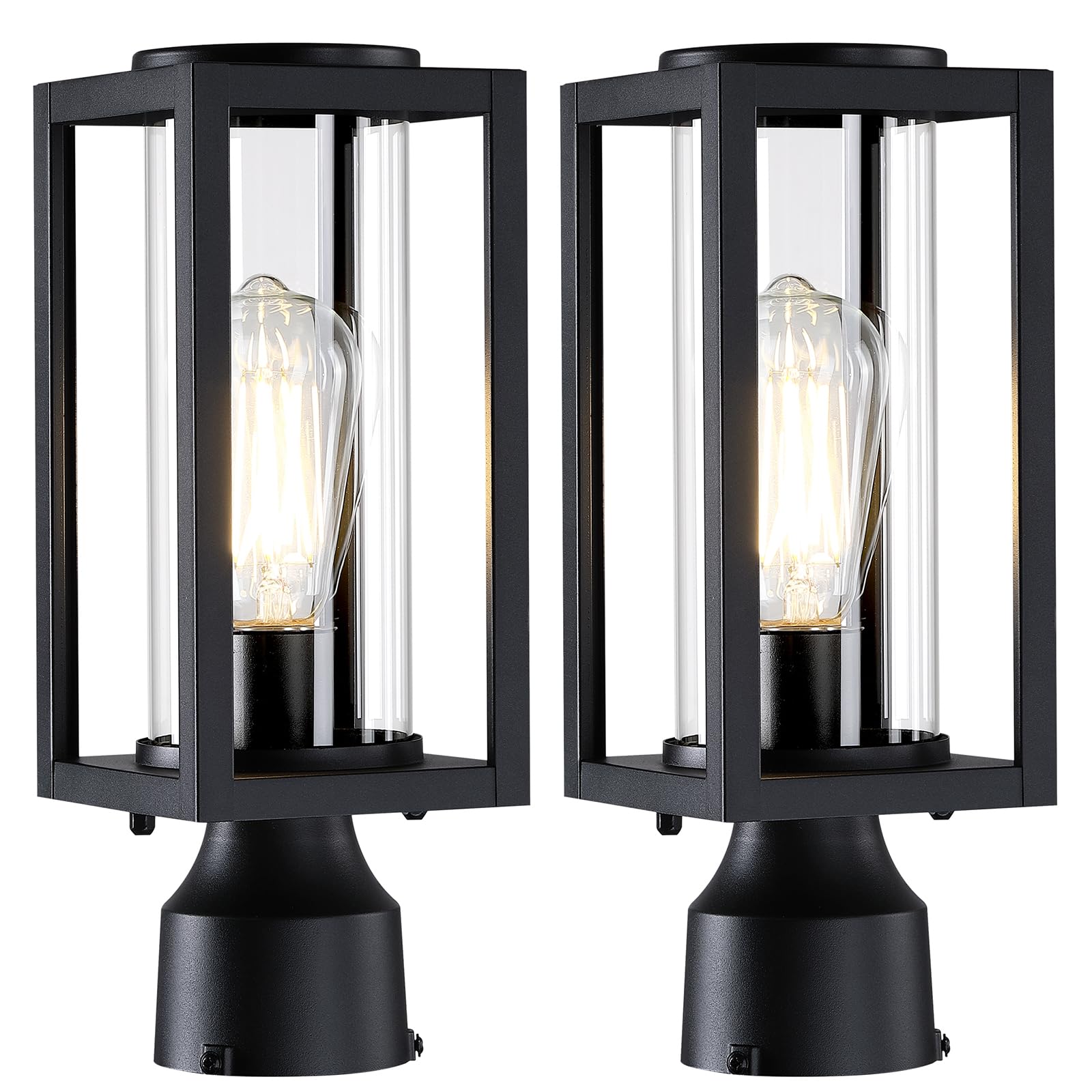 Outdoor Post Lights Lamp Post Light Fixture 2 Pack, Modern Black Exterior Post Lantern Fixture with Tempered Glass, Anti-Rust Al