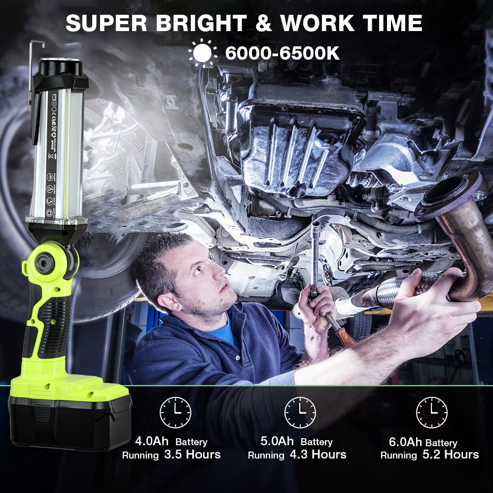 YEX-BUR Flashlight for Ryobi 18V Battery, 25W 2000LM LED Work Light, Portable Floodlights, Camping Light with Hook for Workshop,