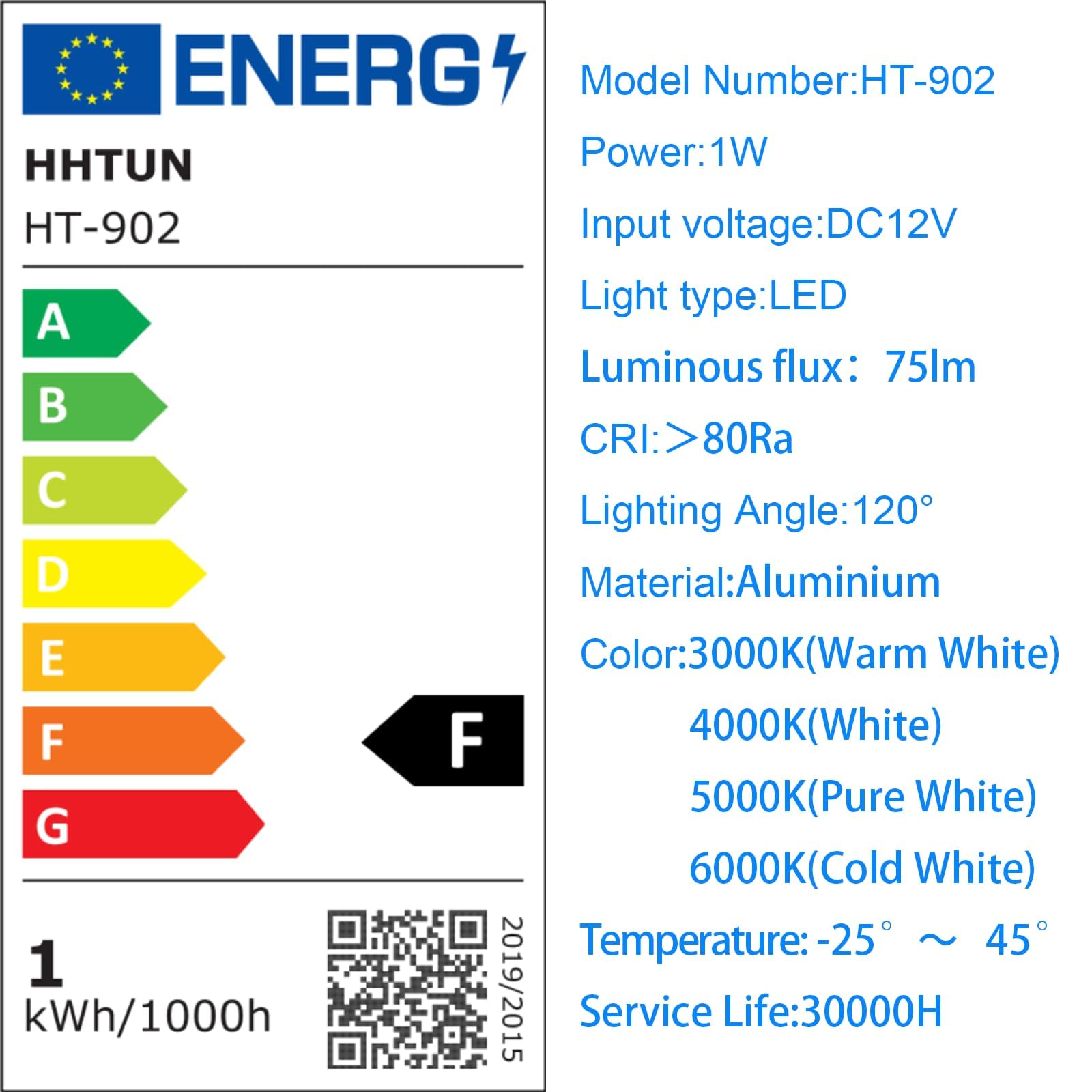 HHTUN LED Mini Spotlight 120° 1W Aluminum DC12V 75lm 3000K White Model HT-902, 9-Pack for Cabinet Lighting