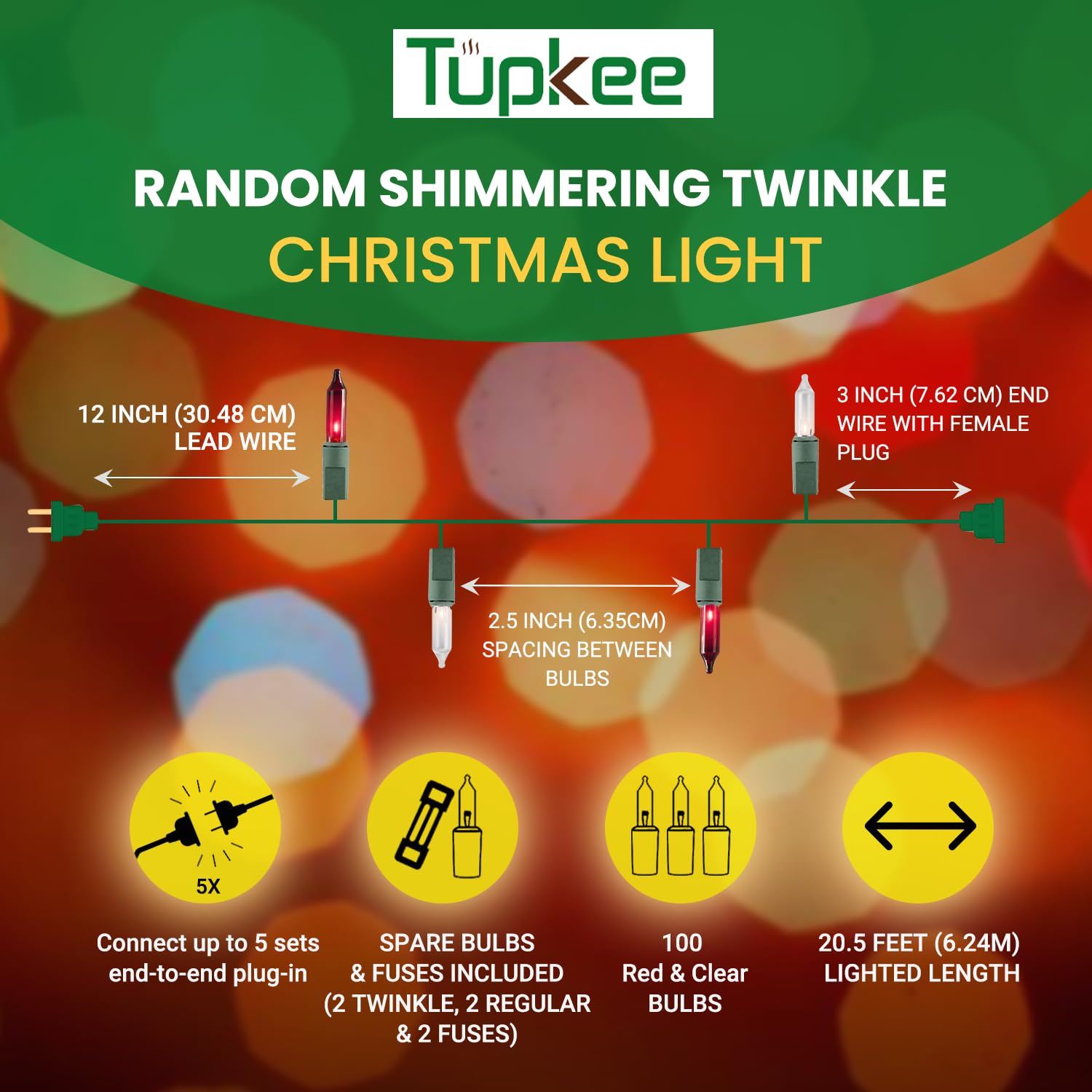 Christmas Random Shimmering Twinkle Lights - 12 Of 100 Lights Twinkle – Indoor Outdoor - 20.5 Feet Light String, 100 Red & Clear Candy Cane Peppermint Bulbs - Christmas Tree Holiday Decor Lights