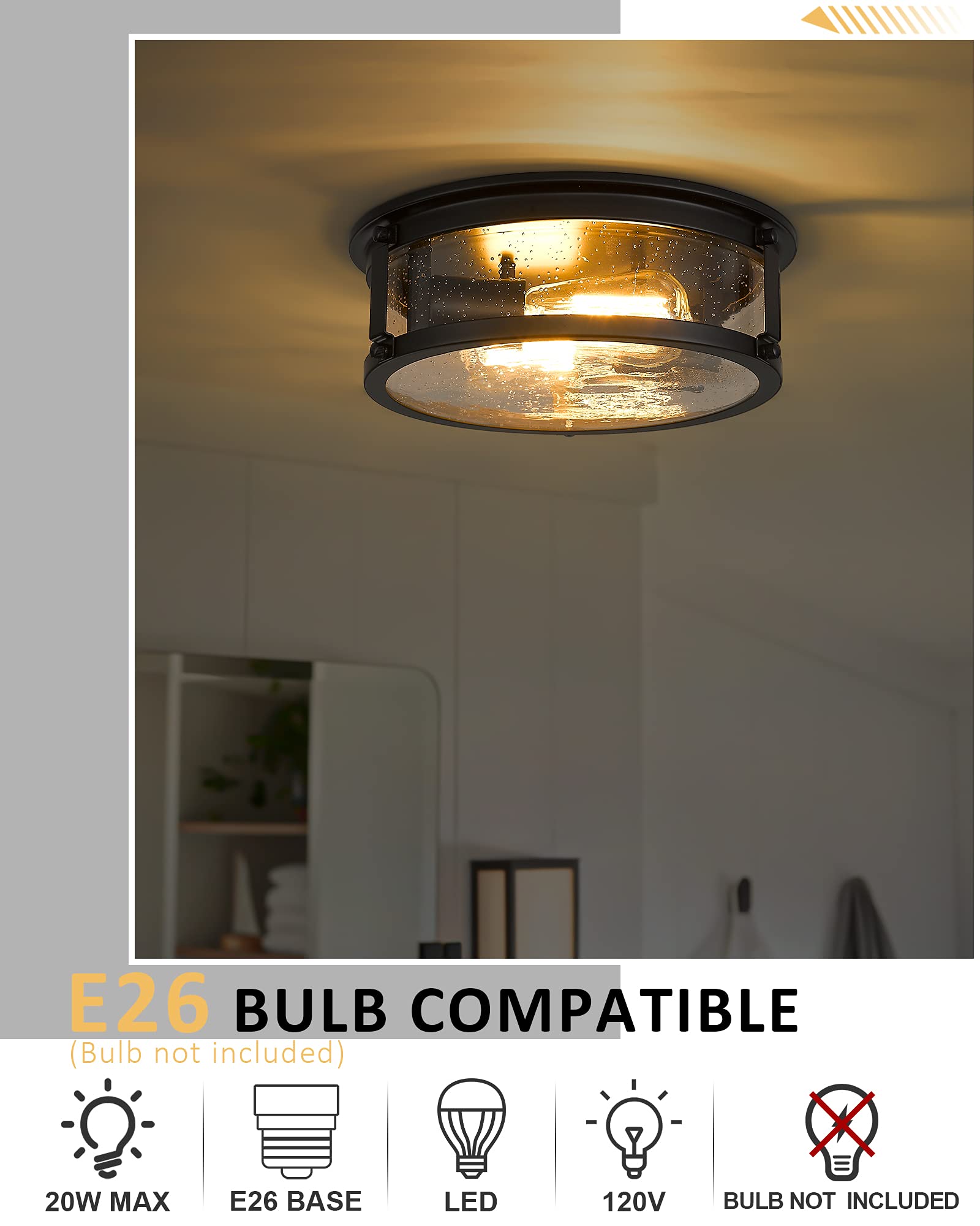 Foitton 2-Light Industrial Flush Mount Ceiling Light, Metal Cage, Matte Black For Hallway & Kitchen