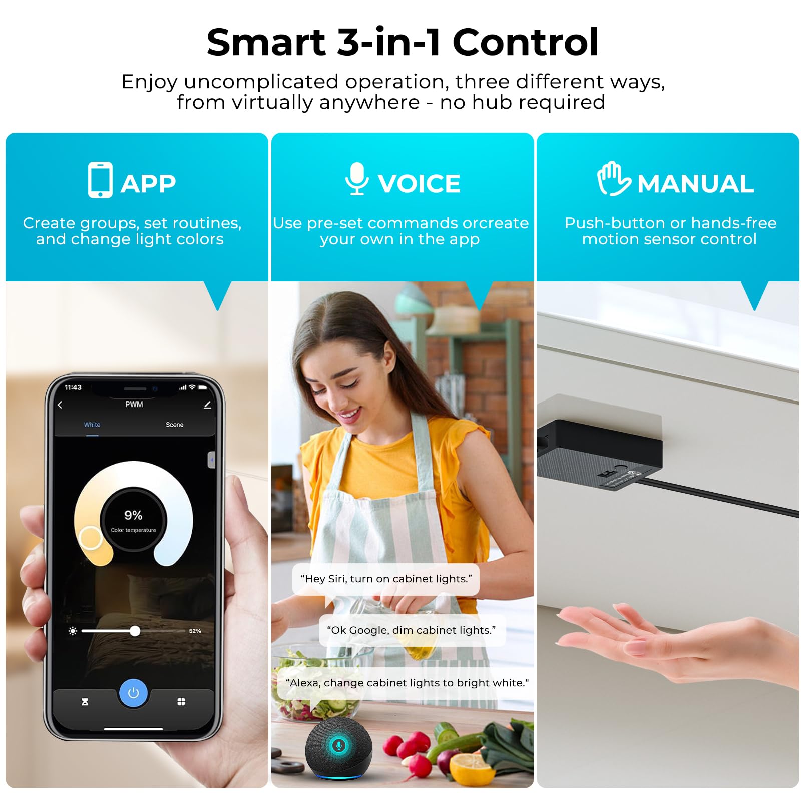 VST Smart Under Cabinet Lighting, Alexa & Google Home Compatible, 12V Puck Light, 6 Pack, White, Model PL05, 3000K-6000K