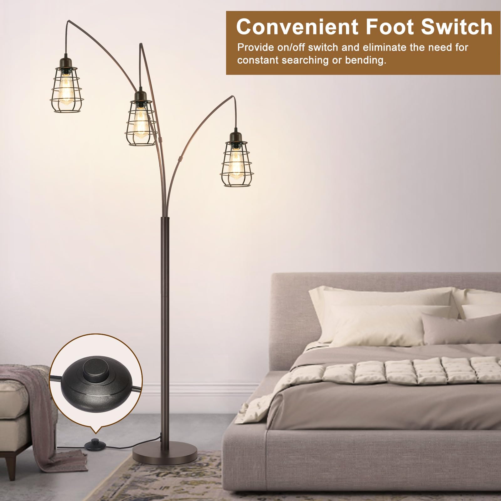 Boncoo Industrial Floor Lamp - 3 Light Arc Design, 76" Tall, Oil-Rubbed Bronze, Vintage Style with Metal Cage Shades & Foot Switch