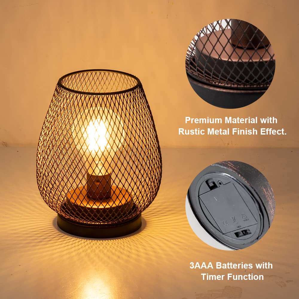 DECORKEY LED Table Lantern Set of 2, Vintage Metal Cage, Battery Operated, Indoor/Outdoor Use, Oval Shape, Model DKTL-100