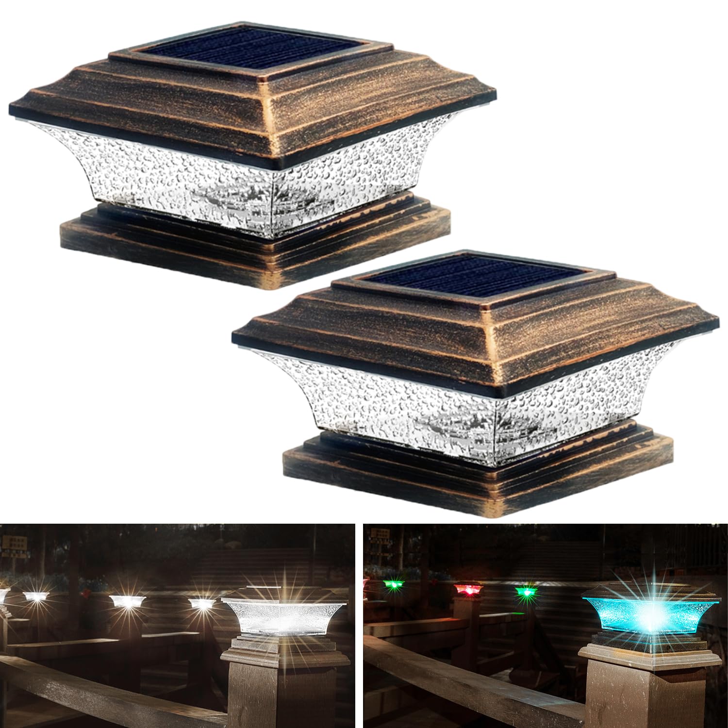 HUYIENO Solar Post Cap Lights LED 9 Light Modes 2pk Brushed Copper Model HY1238C-2