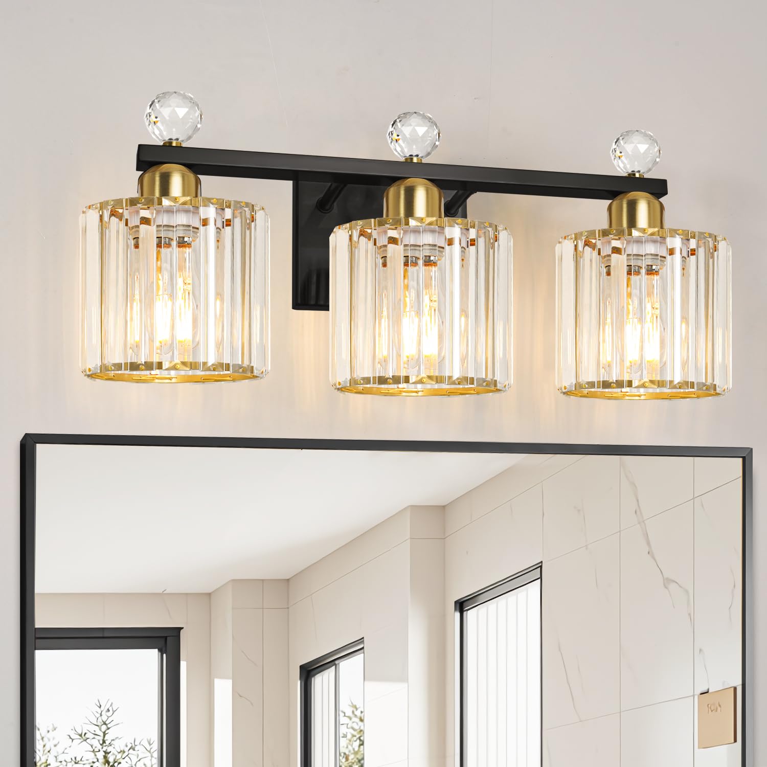 Lxybcce Black and Gold Bathroom Vanity Light  3-Lights Crystal Vanity Lights for Bath  Modern Bathroom Light Fixture Over Mirror  Wall Mount Lights with Clear Crystal Glass for Bedroom Living Room