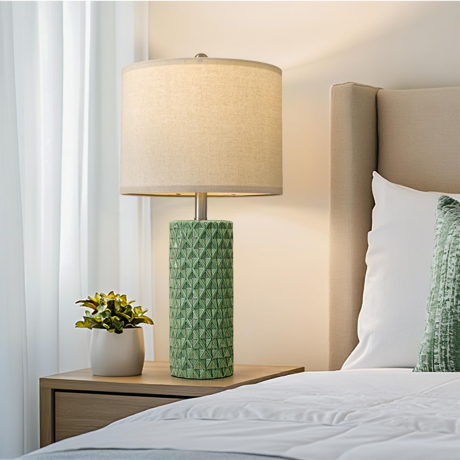 USumkky 26" Tall Ceramic Table Lamp Set of 2 - Modern Green Nightstand Lamps for Living Room, Bedroom, End Tables - Model AMZ-T1232