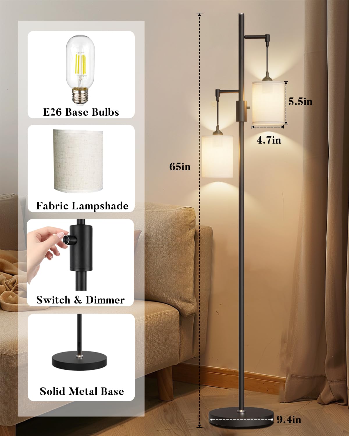 Lightdot 65In Dimmable Tree Floor Lamp Black Tall Standing Lamps With 2 E26 3000K Led Bulbs, Mid Century Modern Floor Lamp For L