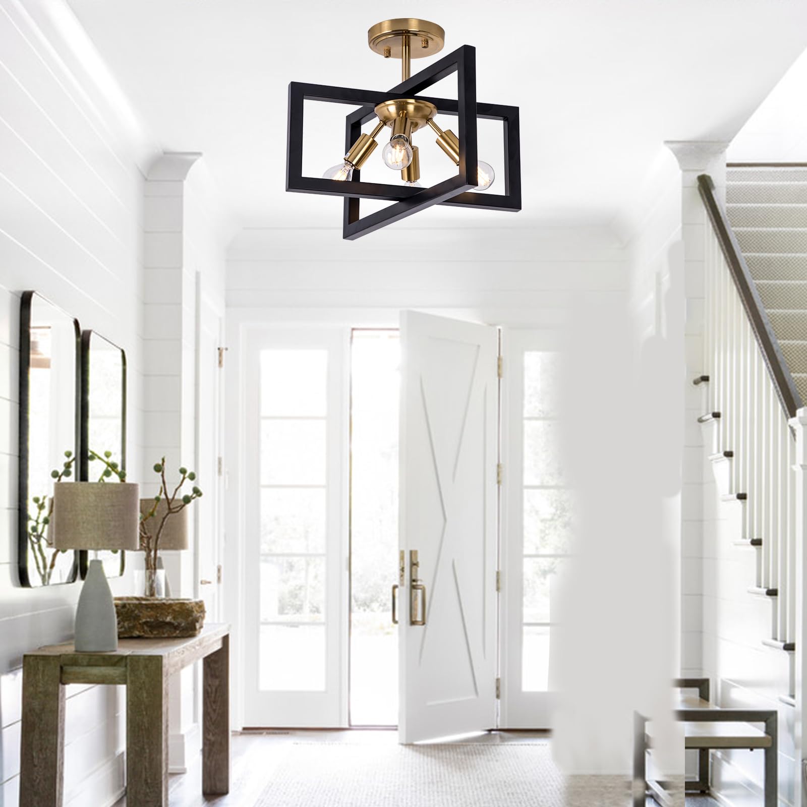 Minyuco Semi-Flush Mount Ceiling Light - Modern Industrial Light Fixture Black And Gold,4-Light Candelabra Lighting Ceiling Lamp For Kitchen Foyer Entryway Hallway Bedroom Closet