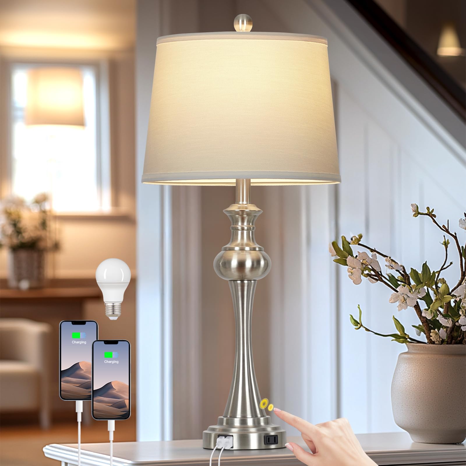 CINSARY 28.75 Silver Table Lamps for Living Room 3 Way Touch Control Table Lamp  Bedside Desk Lamp with Metal Base Modern Nightstand Lamp Simple Side Table Lamp for Bedroom Office LED Bulb Included