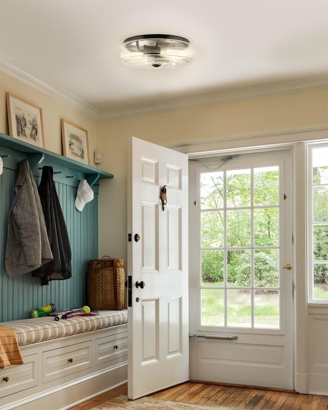 Foitton 2-Light Black Flush Mount Ceiling Light With Seeded Glass For Hallway, Kitchen, Bedroom