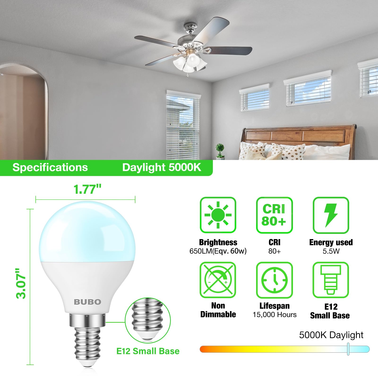 Bubo Ceiling Fan Light Bulbs 60 Watt Equivalent, 5.5W E12 Led Bulb Daylight 5000K, Candelabra Small Base For Ceiling Fan 120V, N