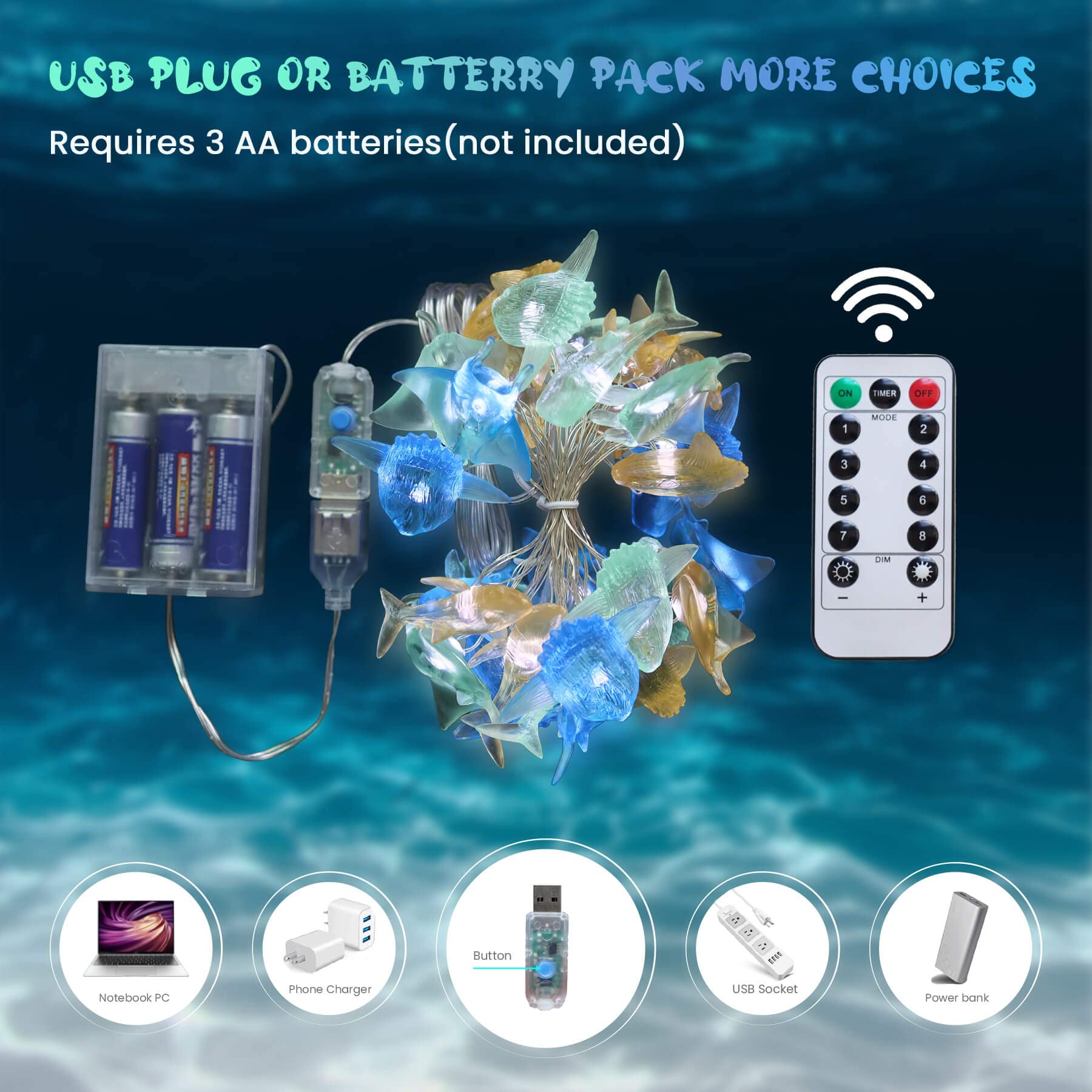 Nautical Theme Sea Life Decorative Fairy String Lights, Whale Shark, Sunfish, Manta Ray Cute Novelty Marine Lights 30 Leds 10 Ft Usb Or Battery Operated For Bedroom Classroom Beach Aquarium Wall Decor