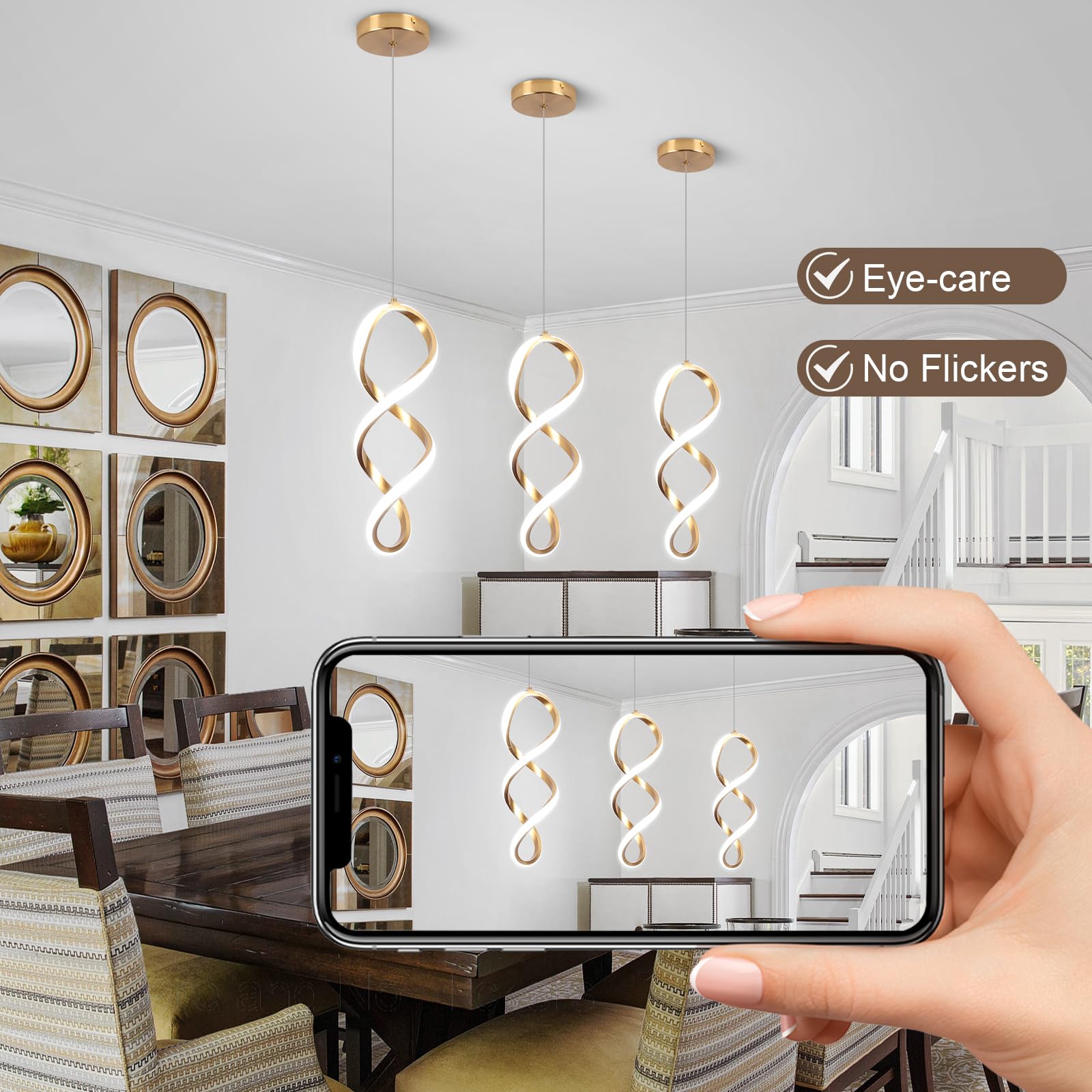 Vloitgol Gold Led Pendant Lights Kitchen Island,5500K Modern Led Pendant Lighting Over Island, Adjustable Hanging Pendant Light