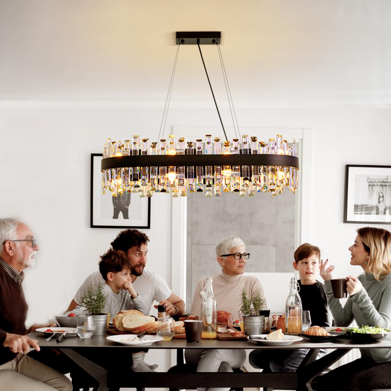 Siljoy Modern Black Crystal Chandelier 16-Light Rectangular 2 Tiers Flush Mount Raindrop Ceiling Light Luxury Oval Hanging Penda