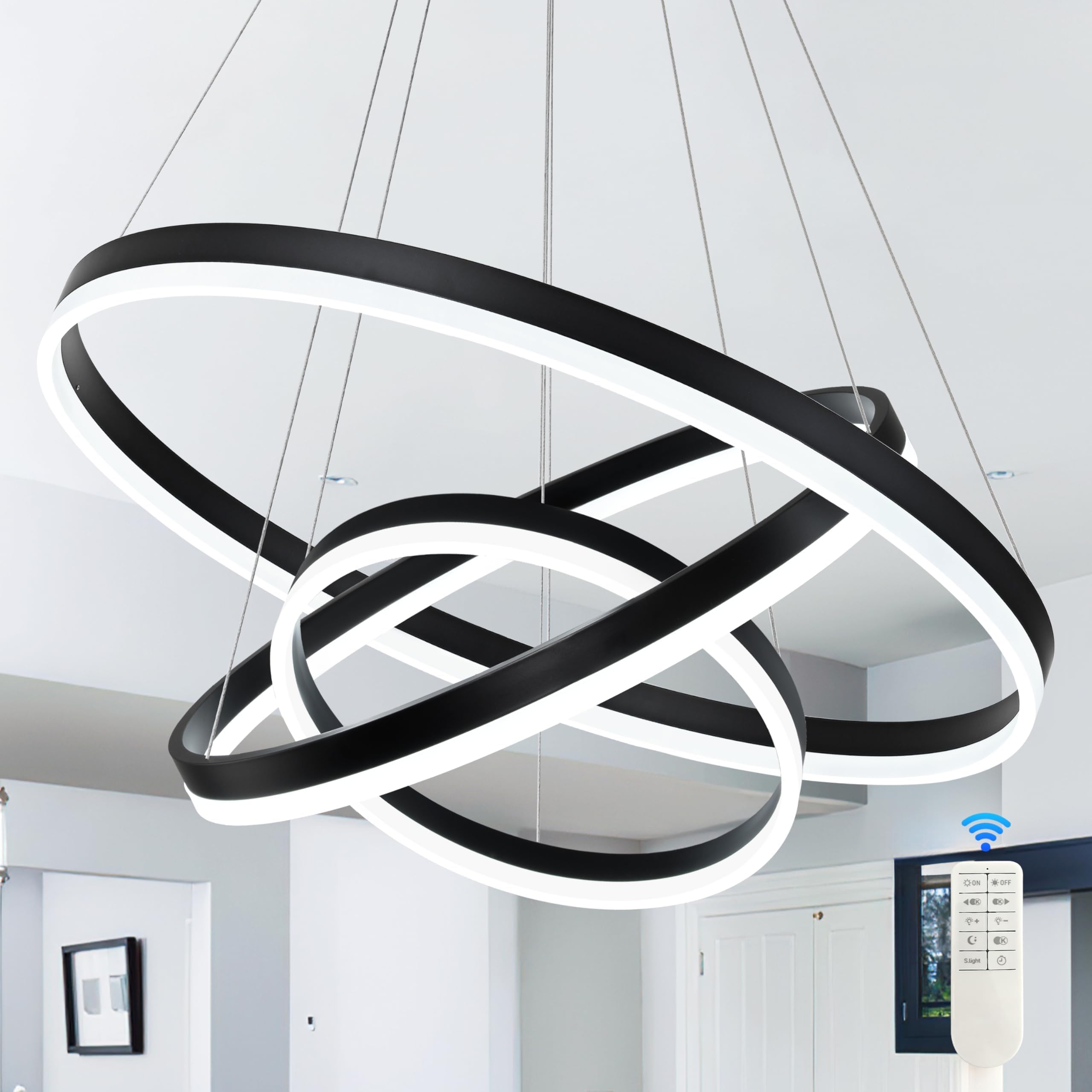 Mccokaige 31.5'' Black Modern Led Chandelier 3 Ring Modern Led Pendant Light Contemporary Ring Chandeliers Dimmable Chandeliers 