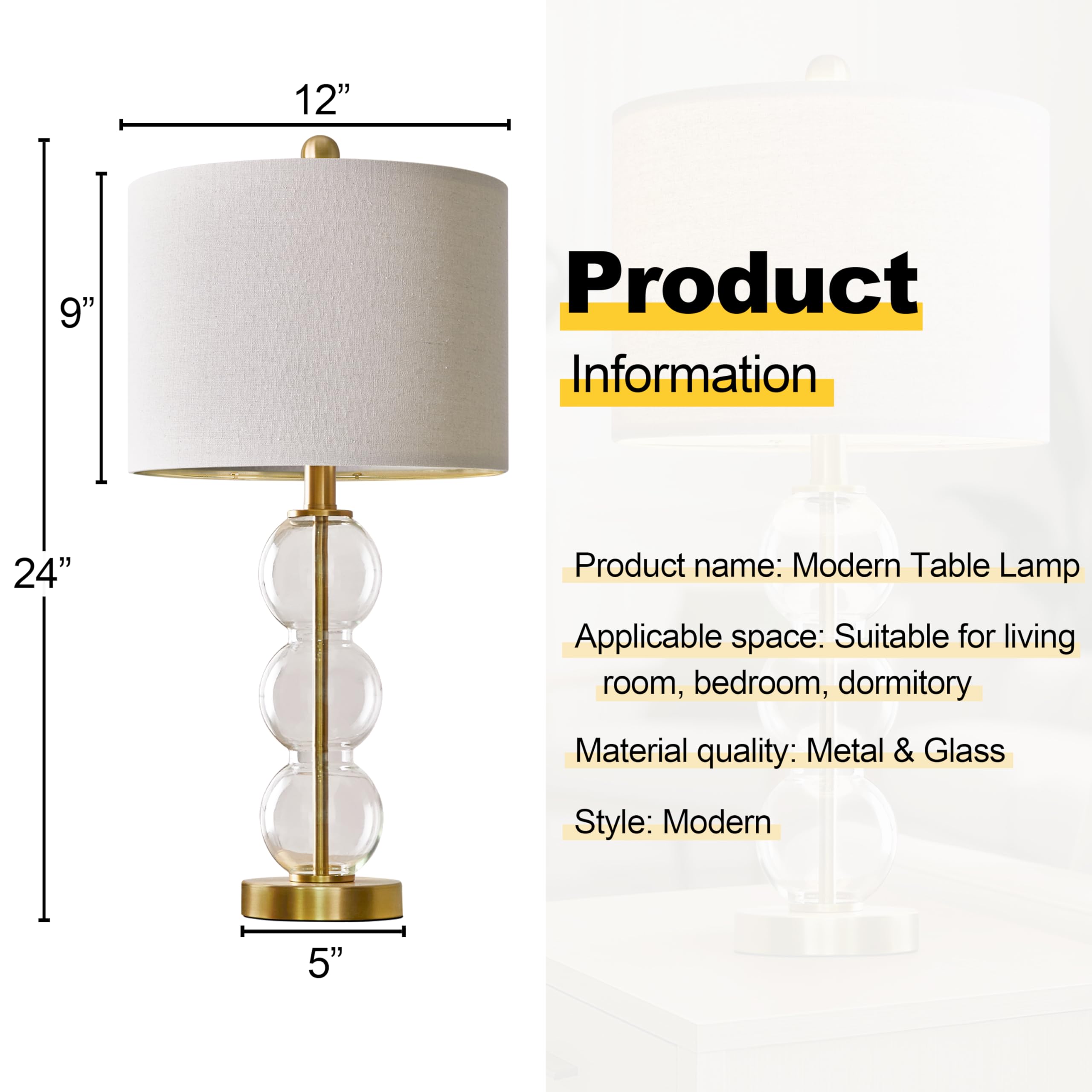 Oneach 24" Gold Glass Table Lamps Set of 2 with USB Ports, Linen Shade for Living Room & Bedroom, Model OYS-AMZ-T1123GL-U
