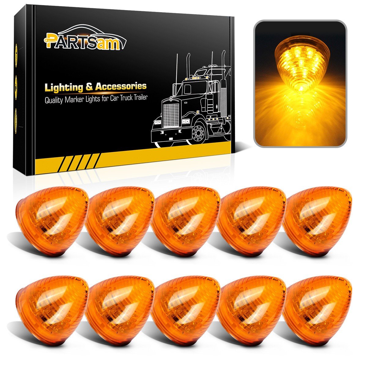 Partsam 10Pcs 2 Inch Amber 9Led Side Marker Lights, 2'' Beehive Light, Round Cone Clearance Lights For 12V Trailer Truck Replace