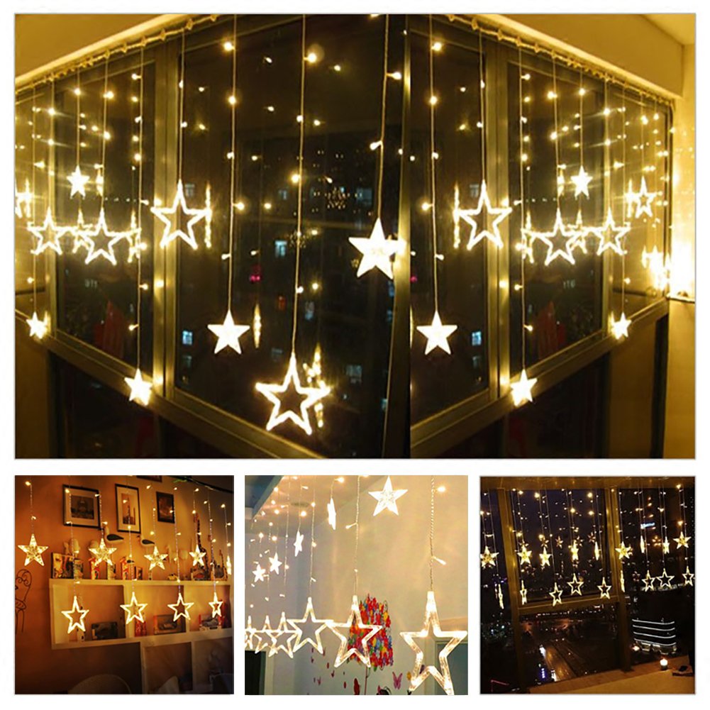 Twinkle Star 12 Stars 138 LED Curtain String Lights, Window Curtain Lights with 8 Flashing Modes Ramadan Decoration Christmas, W