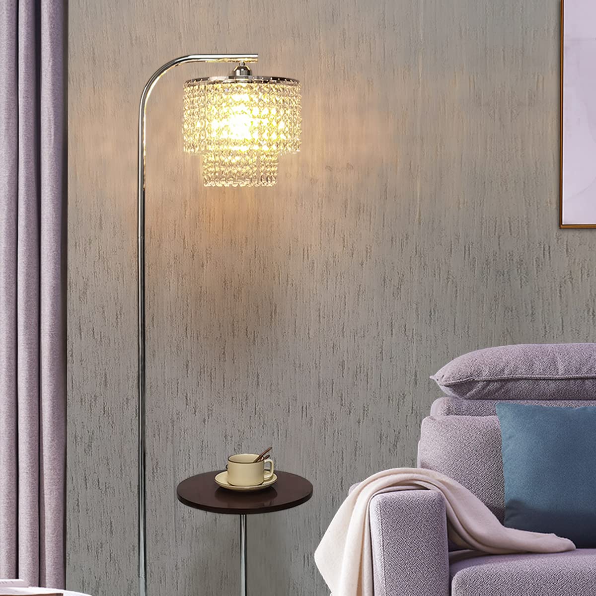 Hsyile Arc Crystal Floor Lamp For Living Room - Marble Base Modern Tall Stand Up Light With Table,Contemporary Over The Couch Ch