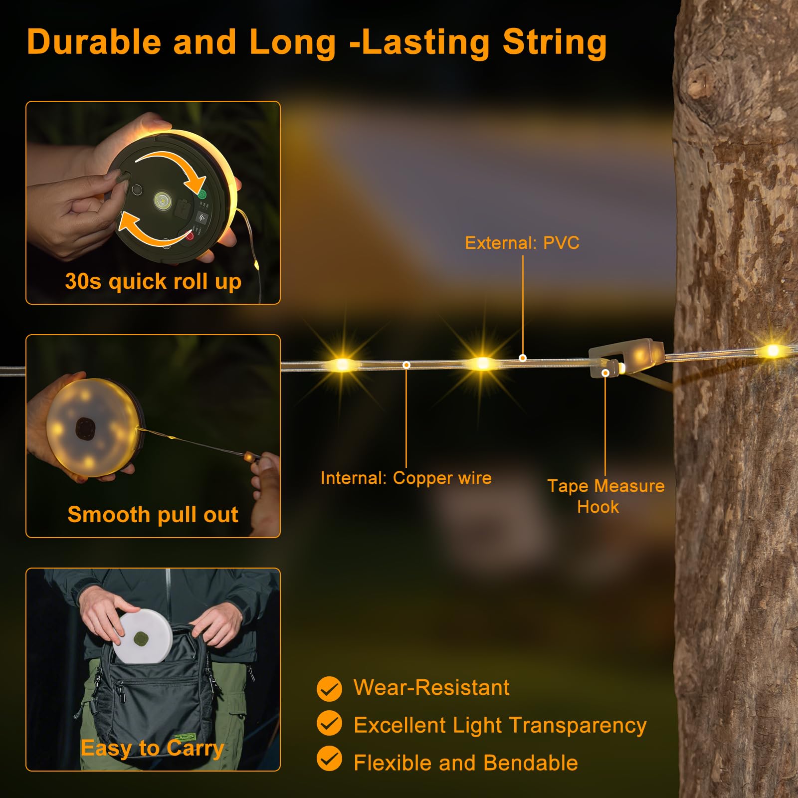 Camping String Lights, 4 in 1 Portable Camping Lights Rechargeable with 8 Lighting Modes, Remote Control, Quick Storage, 33FT Wa
