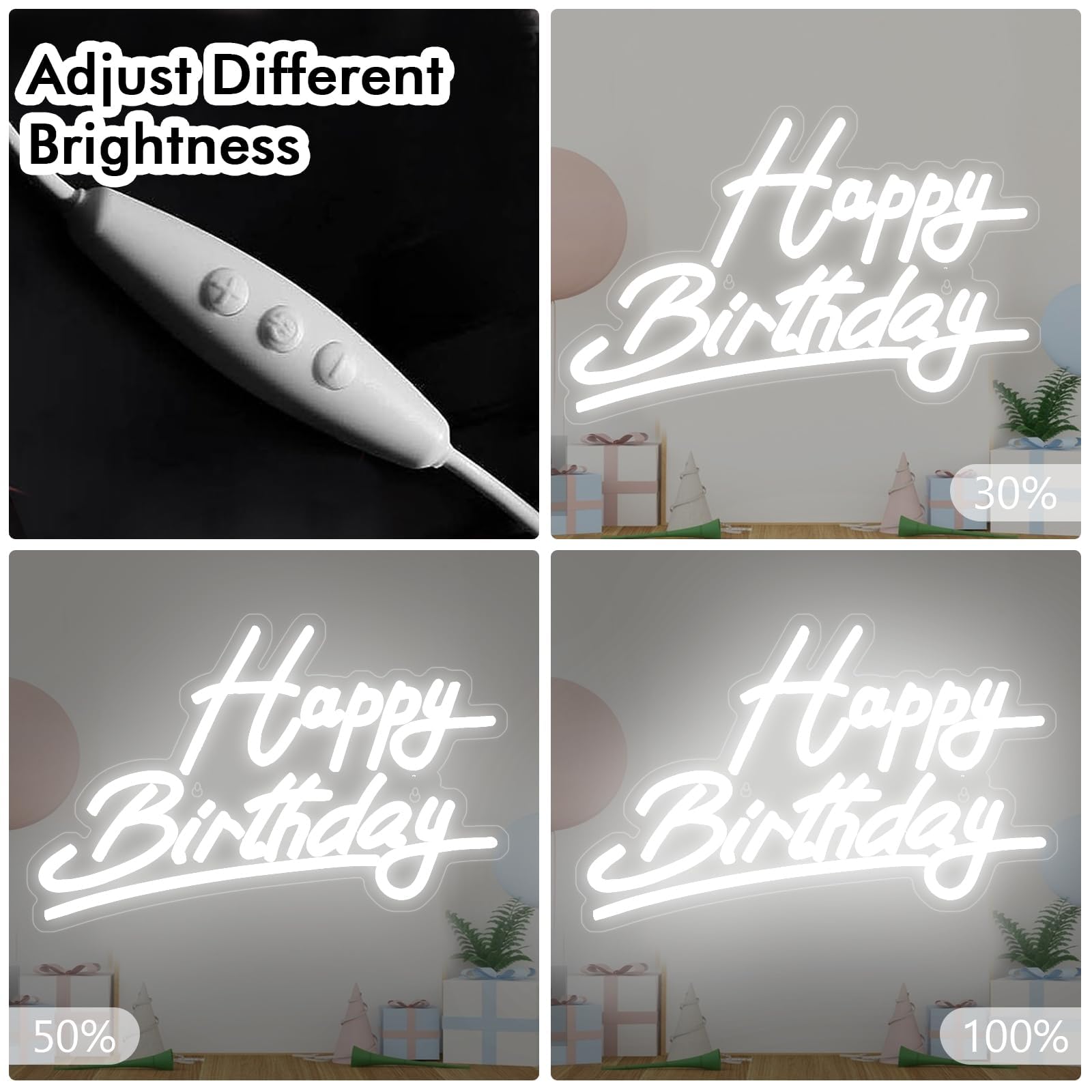 Shellvcase Neon Sign - Happy Birthday, Battery Operated, USB Powered, Adjustable Brightness, Acrylic, 15 x 9.6 inches, White